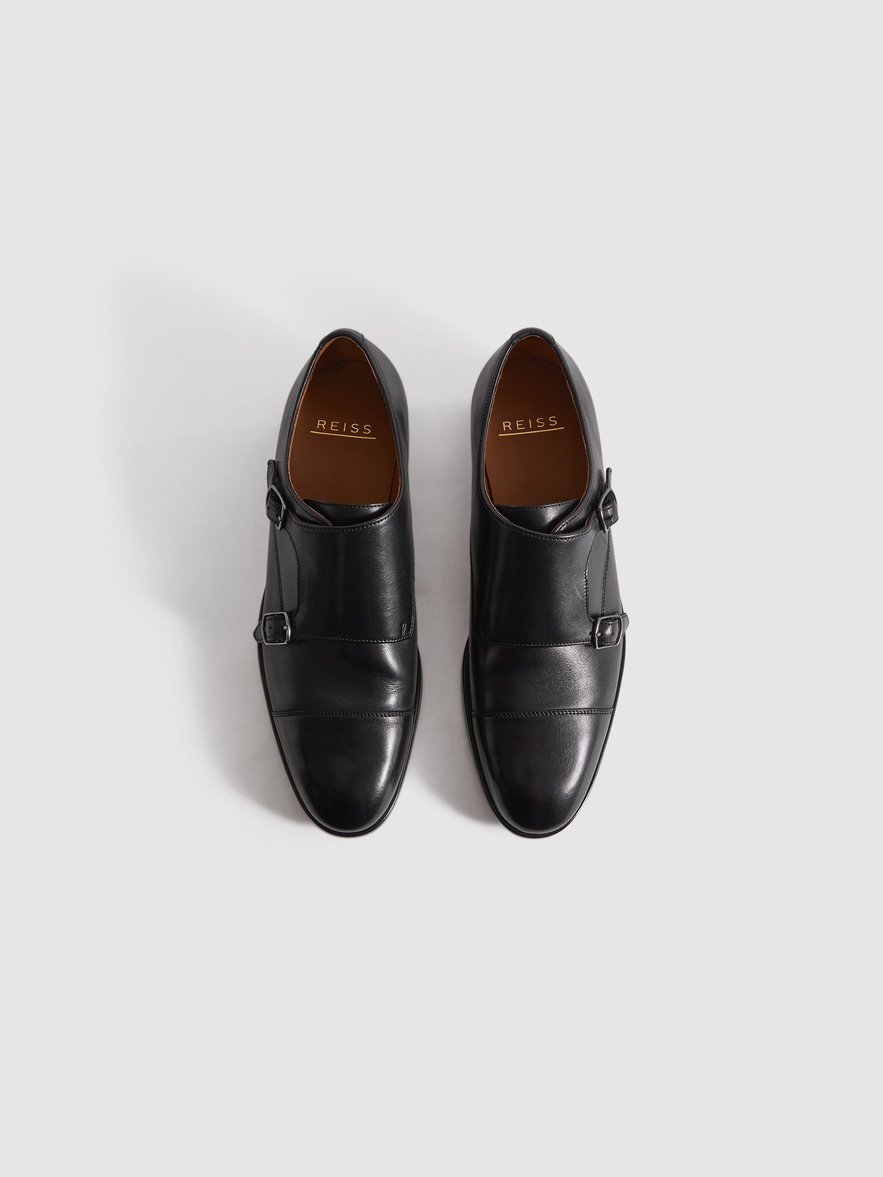 Leather Double Monk Strap Shoes in Black