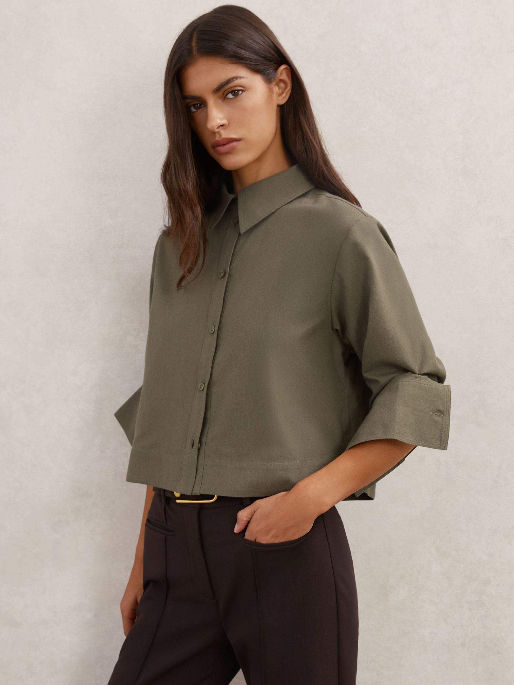 Cotton and Wool Cropped Shirt in Khaki Green