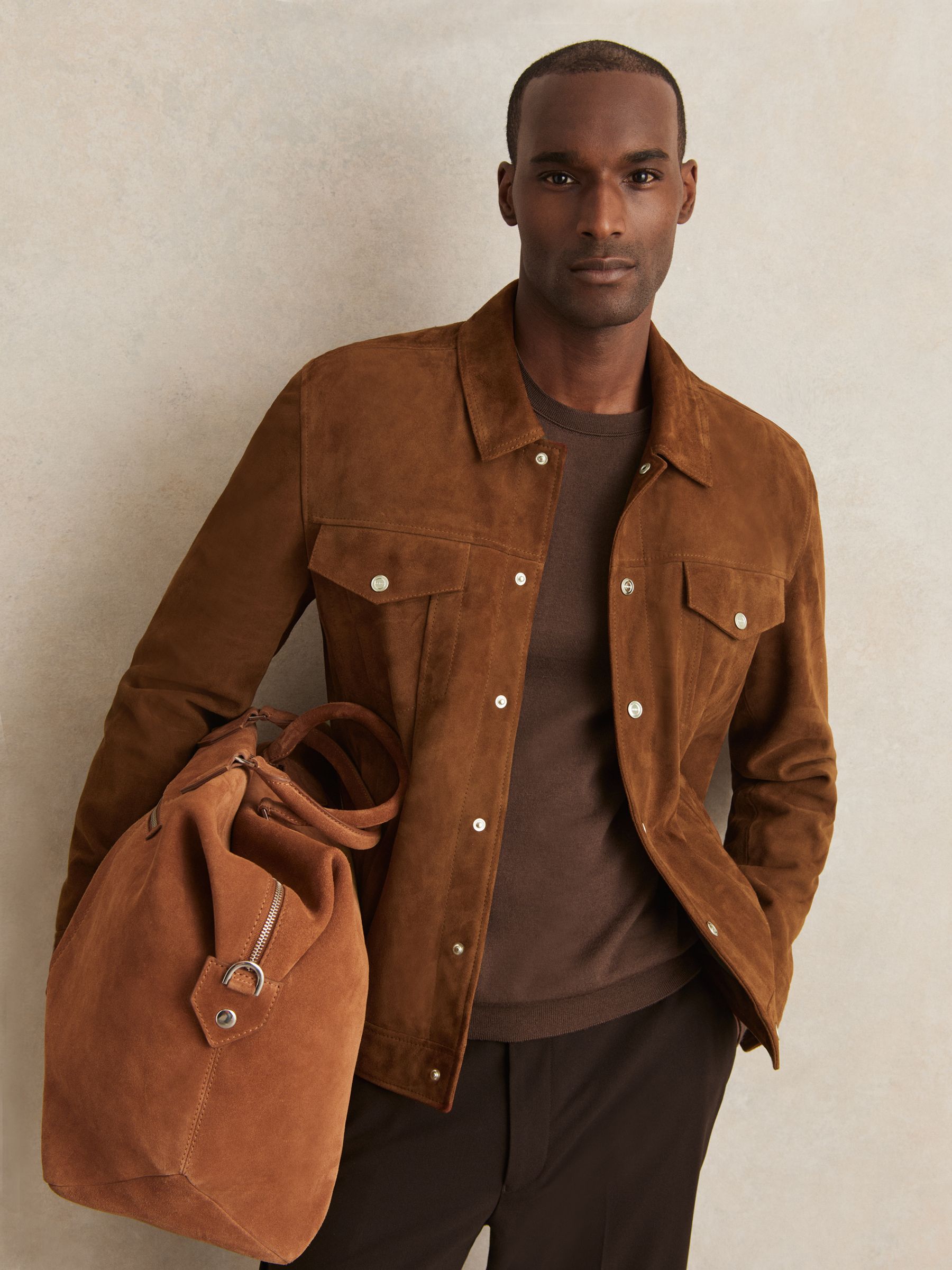 Suede Press Stud Trucker Jacket in Tobacco Brown