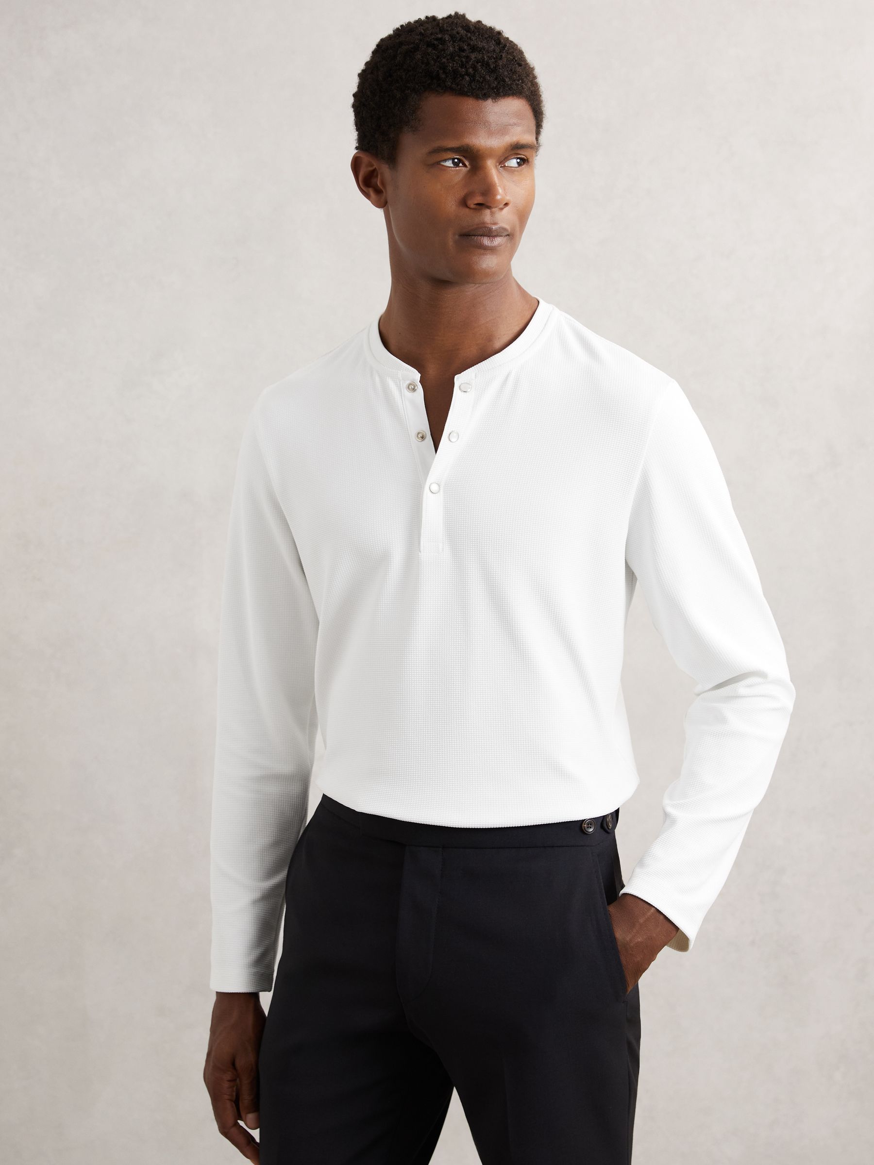Textured Grandad-Collar Henley Shirt in White