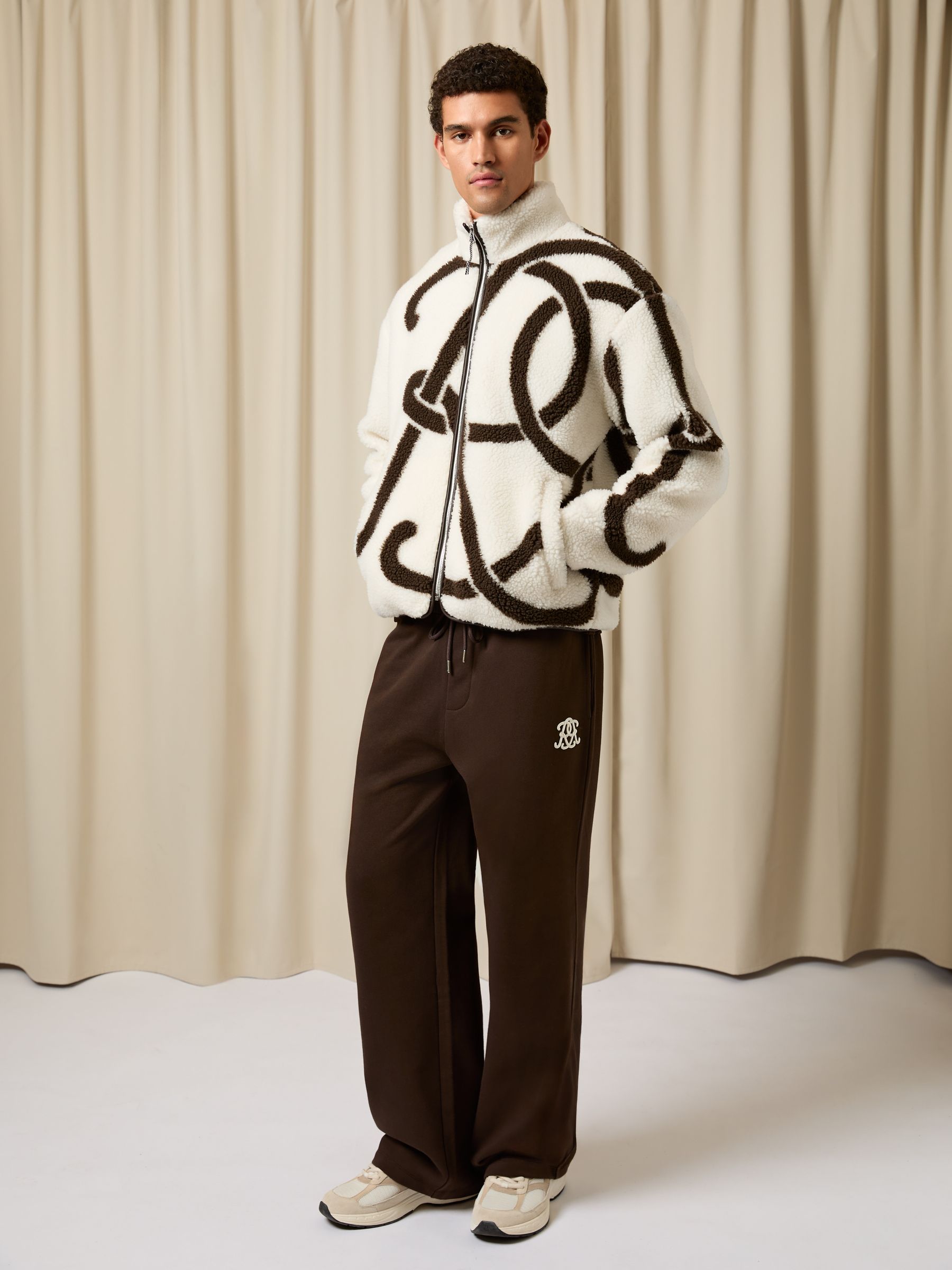 Monogram Motif Relaxed Fleece Jacket in White/Brown