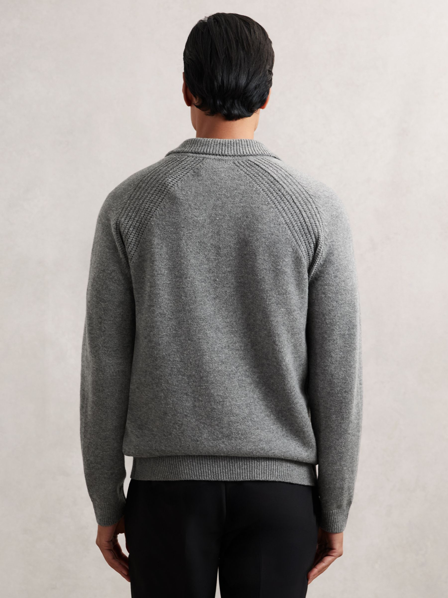 Wool-Cashmere Open-Collar Jumper in Mid Grey Melange