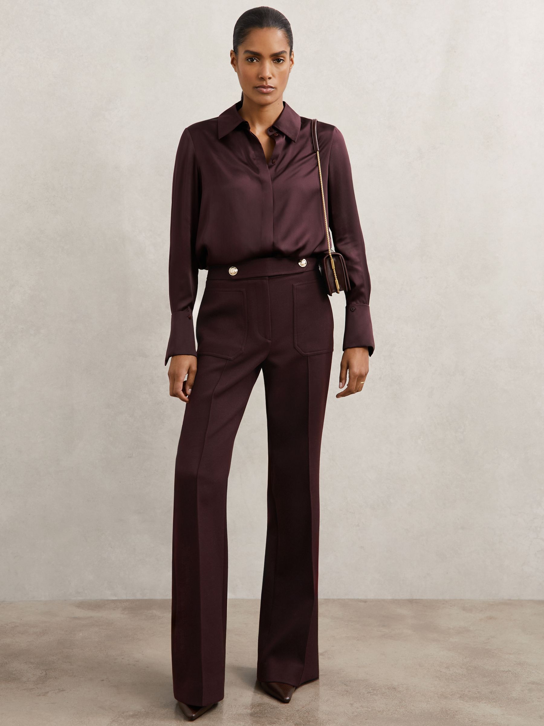 Petite Twill Button-Tab Flared Trousers With Wool in Black