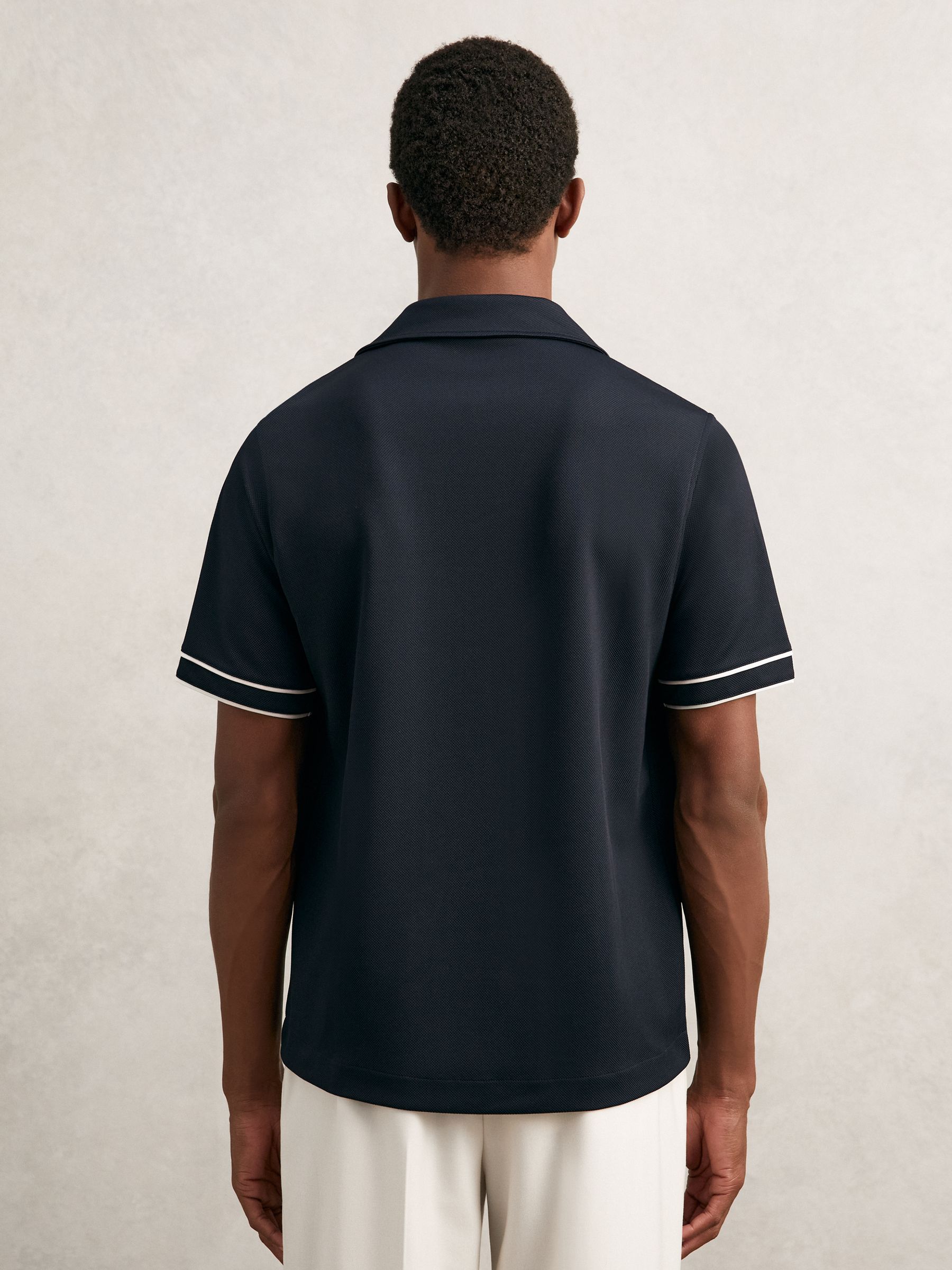 Piped-Stripe Cuban-Collar Shirt in Navy/White