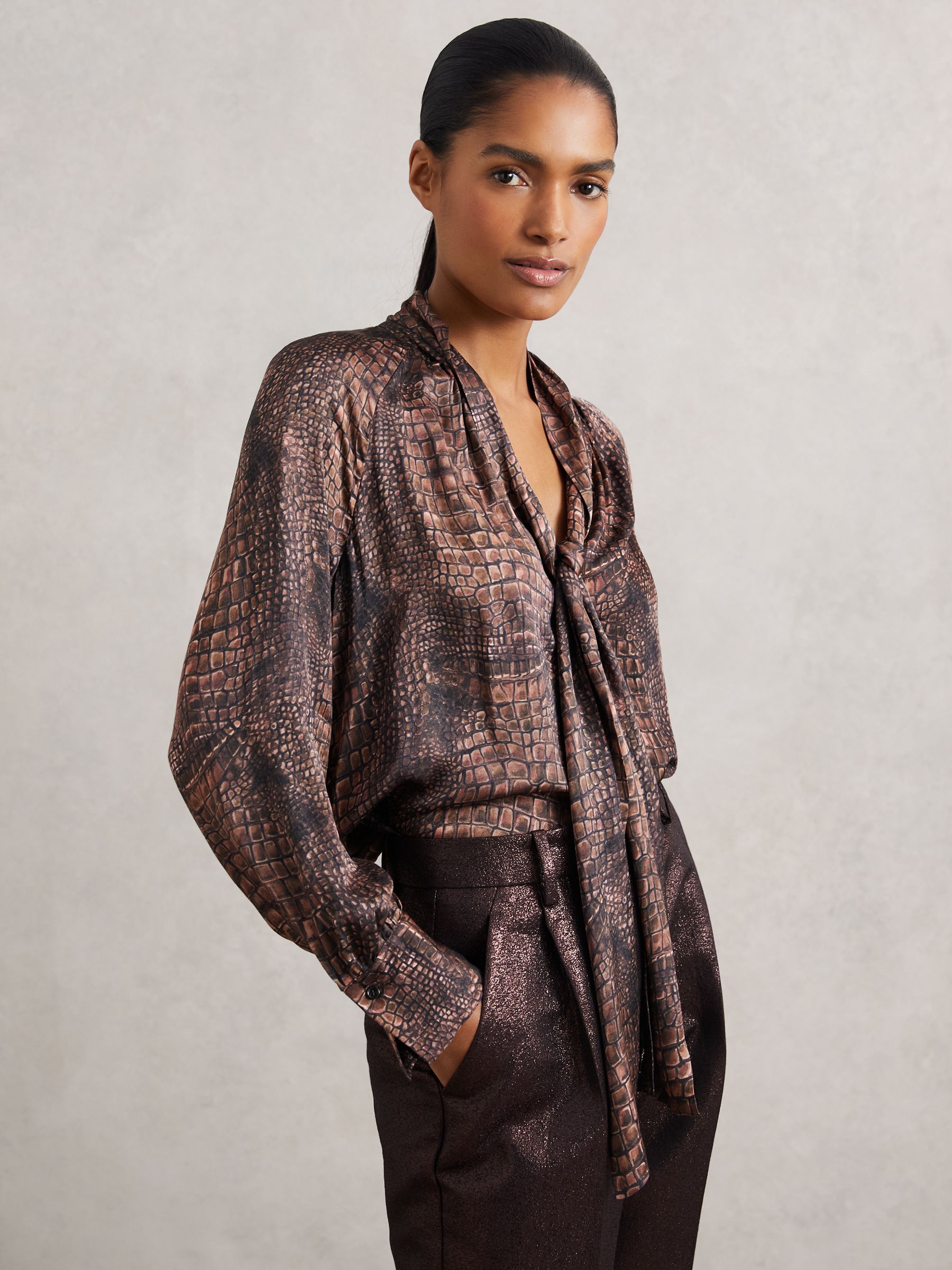 Crocodile-Print Tie-Neck Blouse in Brown