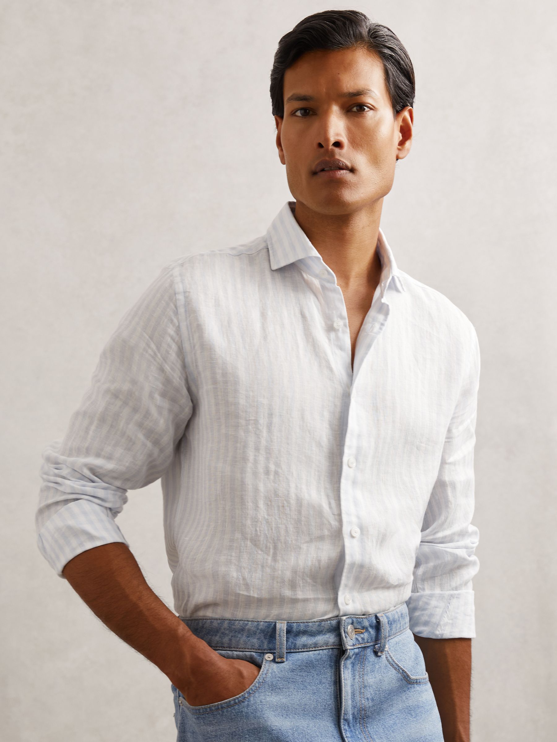 Linen Stripe Long-Sleeve Shirt in Dusty Rose/White Stripe