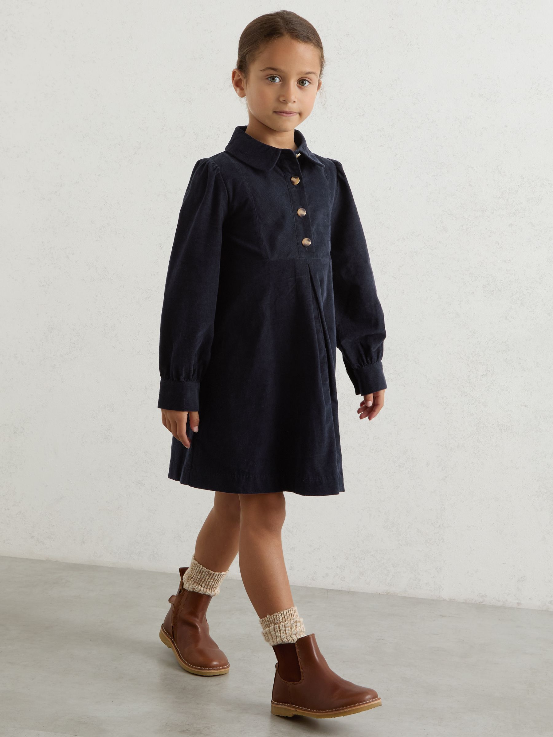 Corduroy Long-Sleeve Collared Dress in Navy