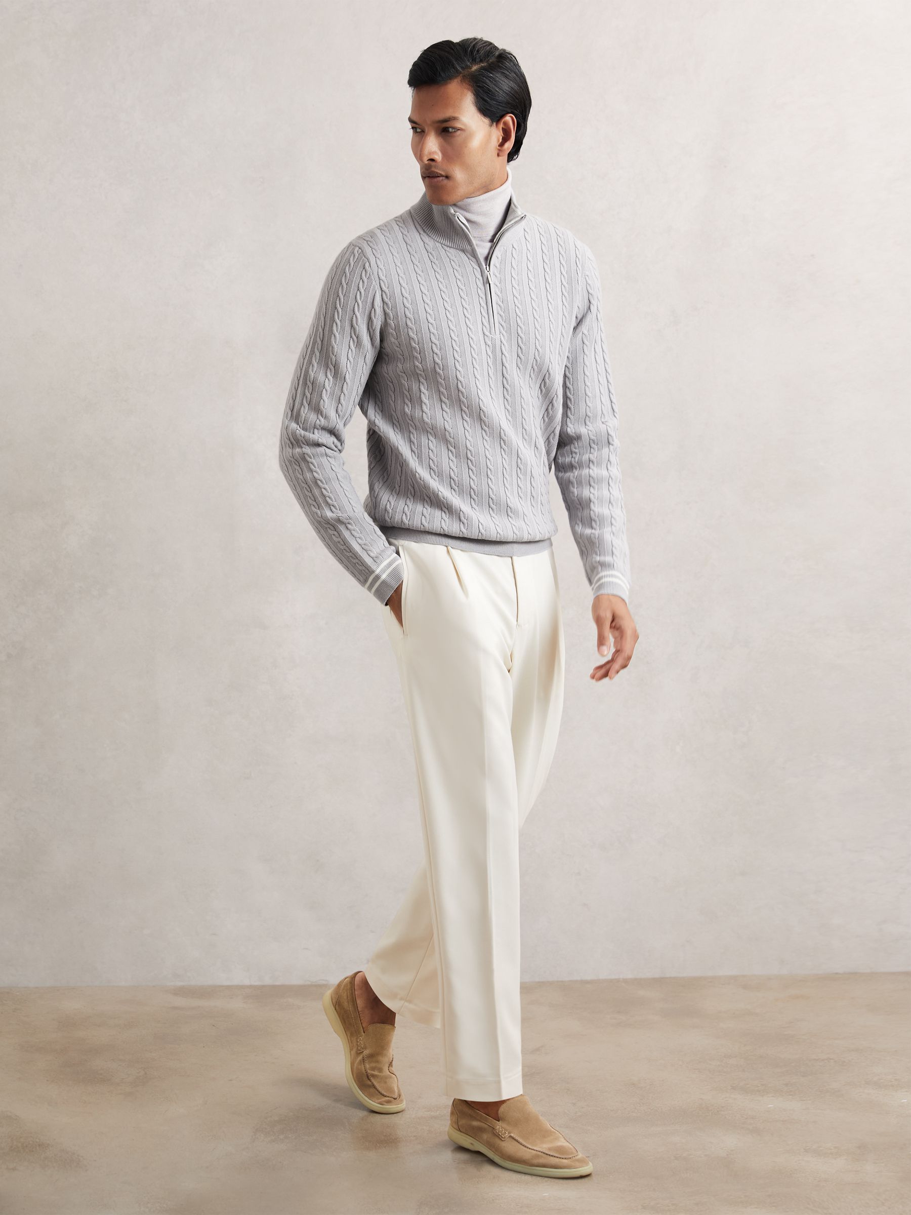 Half-Zip Cable Knit Jumper With Wool in Soft Blue