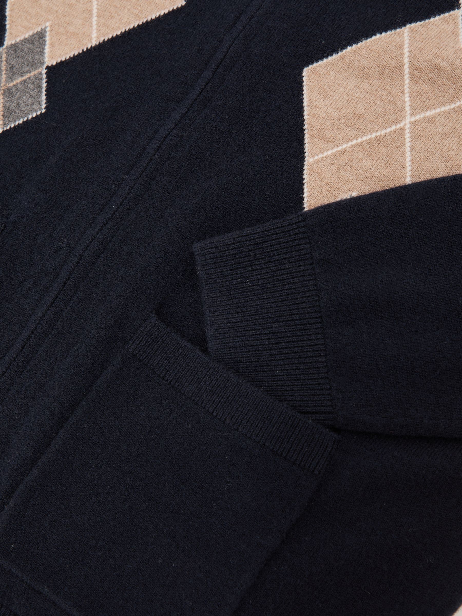 Wool Zip-Through Argyle Cardigan in Navy