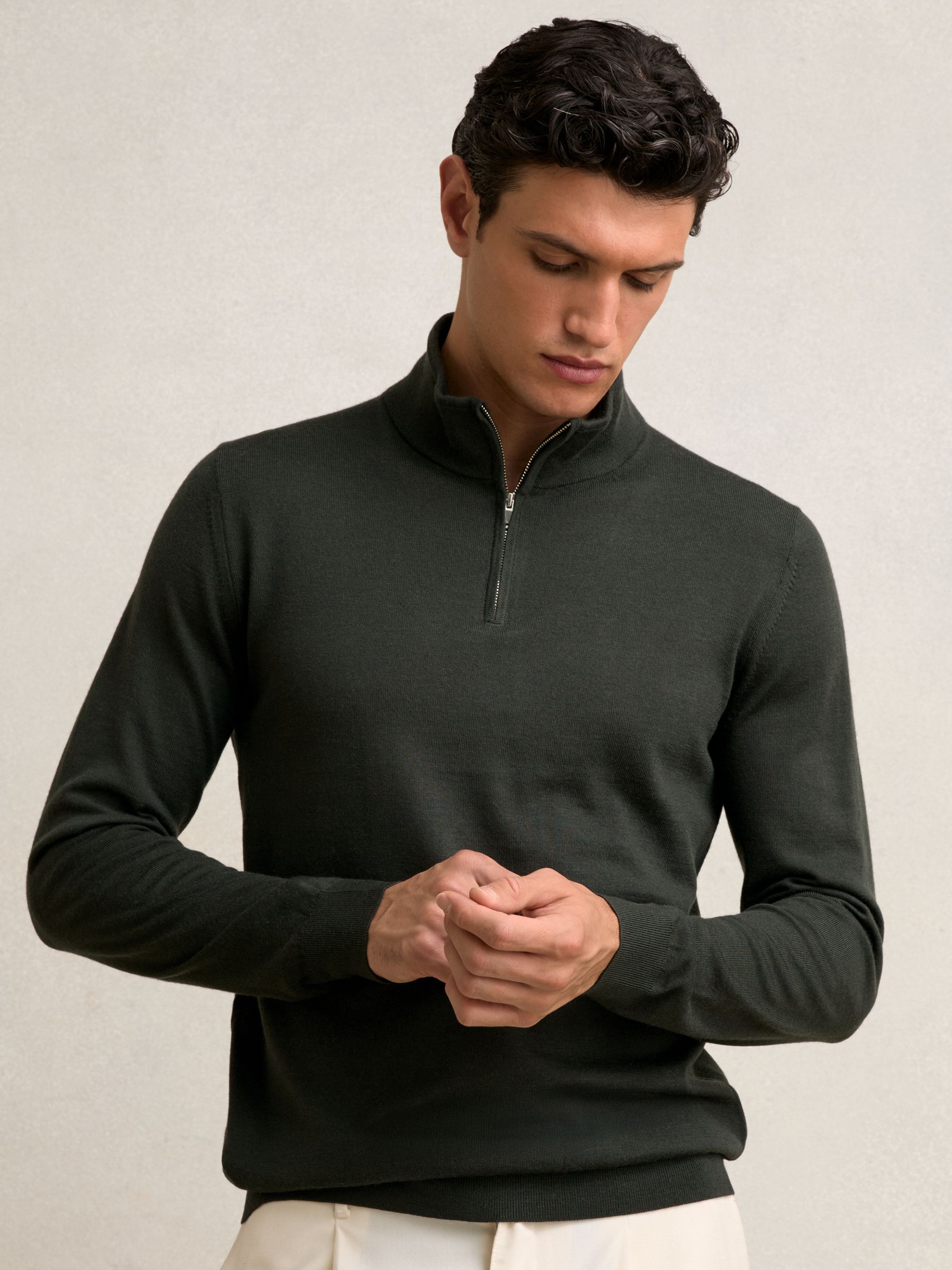 Merino Wool Half-Zip Funnel Neck Jumper in Dark Military Green