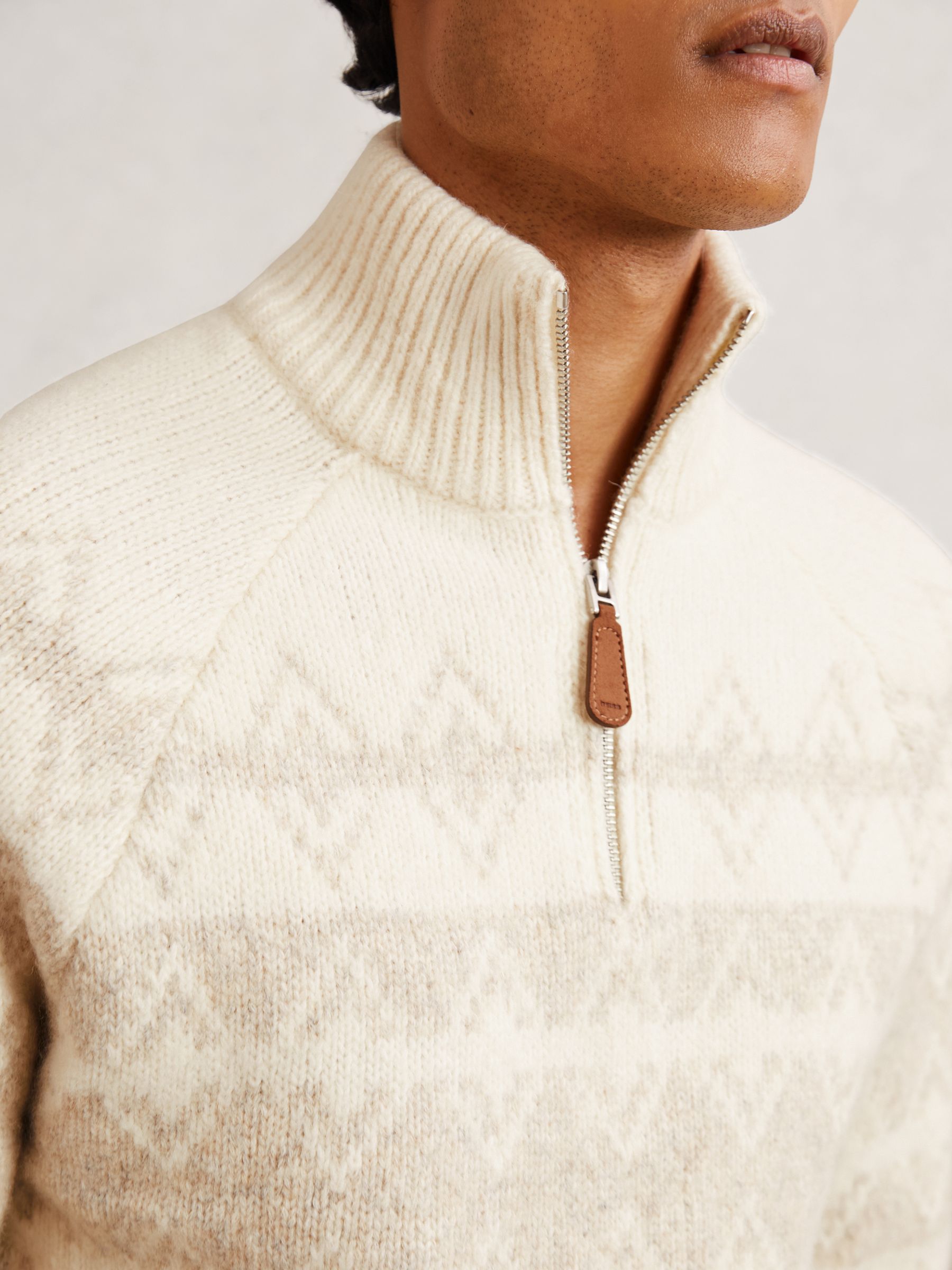 Wool-Blend Fair Isle Half-Zip Jumper in Winter White/Oatmeal