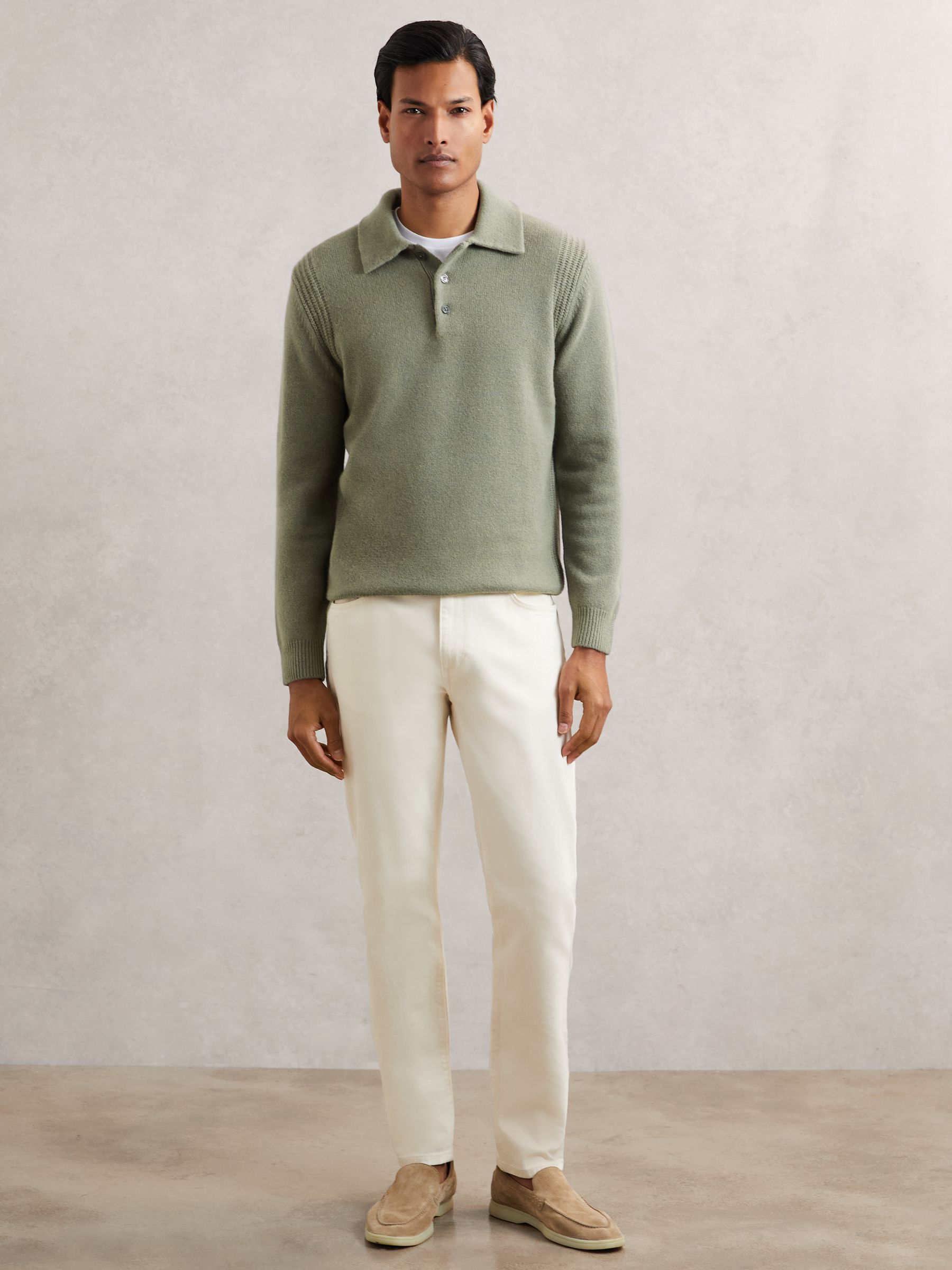 Wool-Blend Polo Jumper with Cashmere in Sage Green