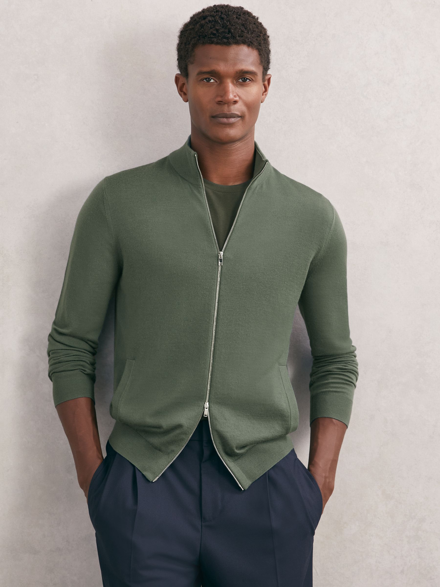 Merino Wool Zip-Through Cardigan in Kale Green