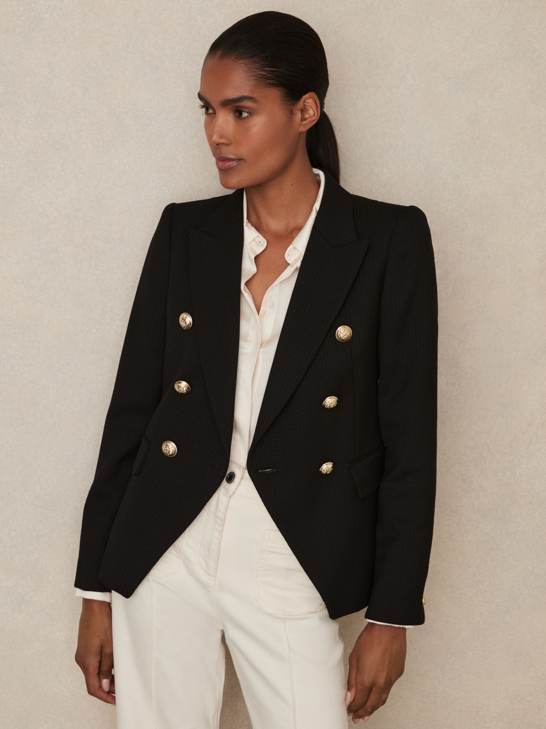 Tailored Fit Textured Double Breasted Blazer in Black