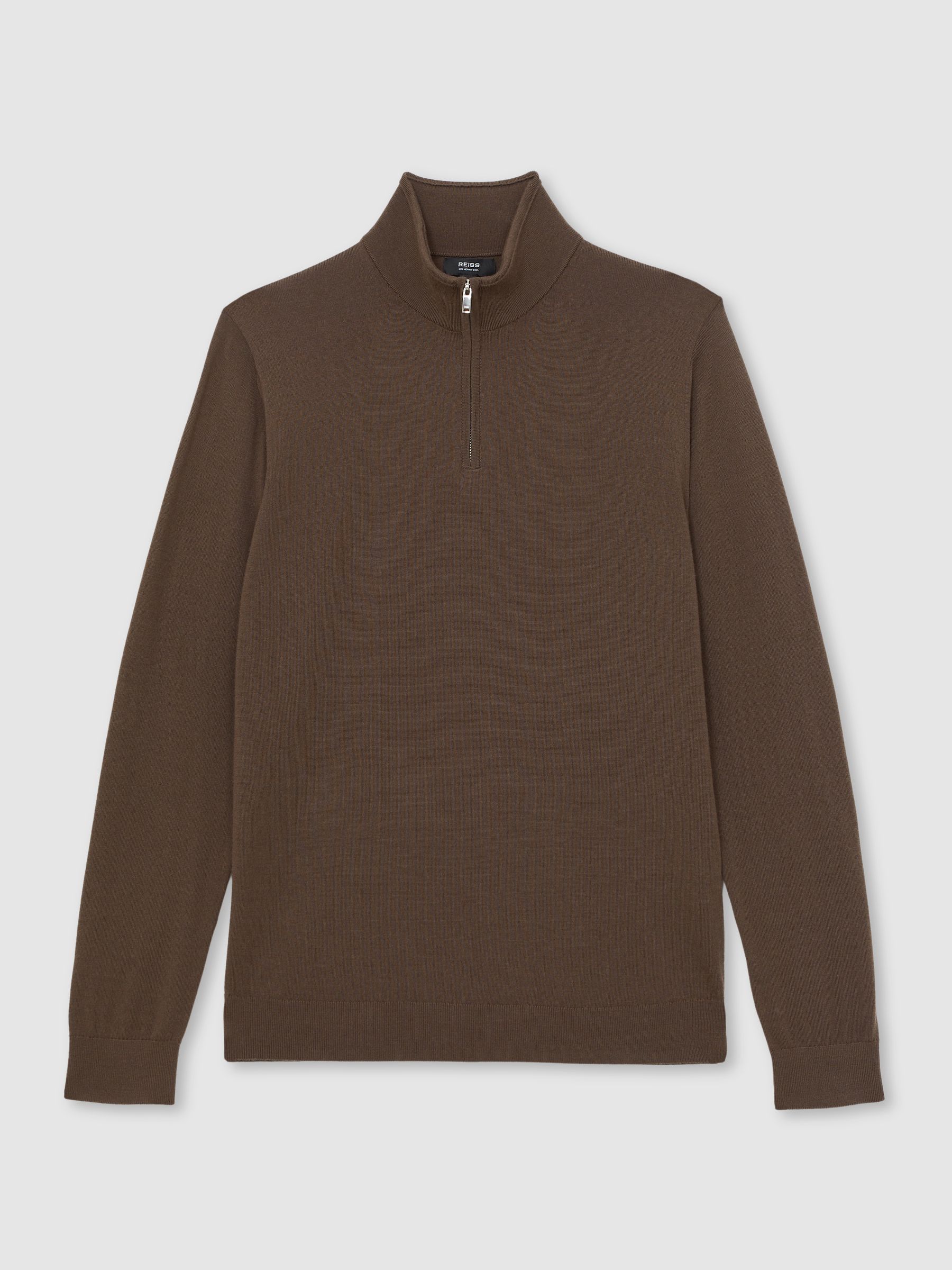 Merino Wool Half-Zip Funnel Neck Jumper in Chocolate Brown