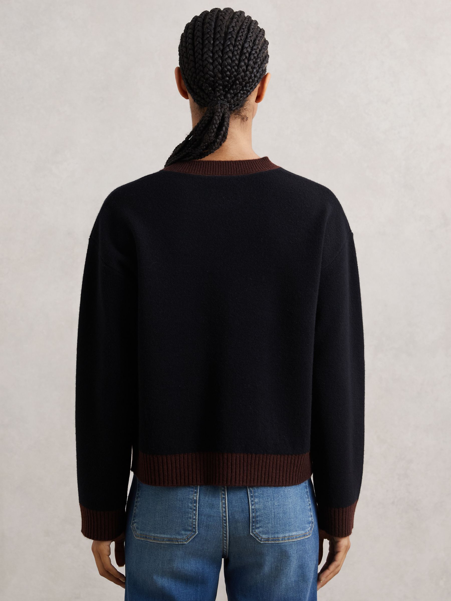 Wool-Cashmere Crew-Neck Cardigan in Burgundy/Black