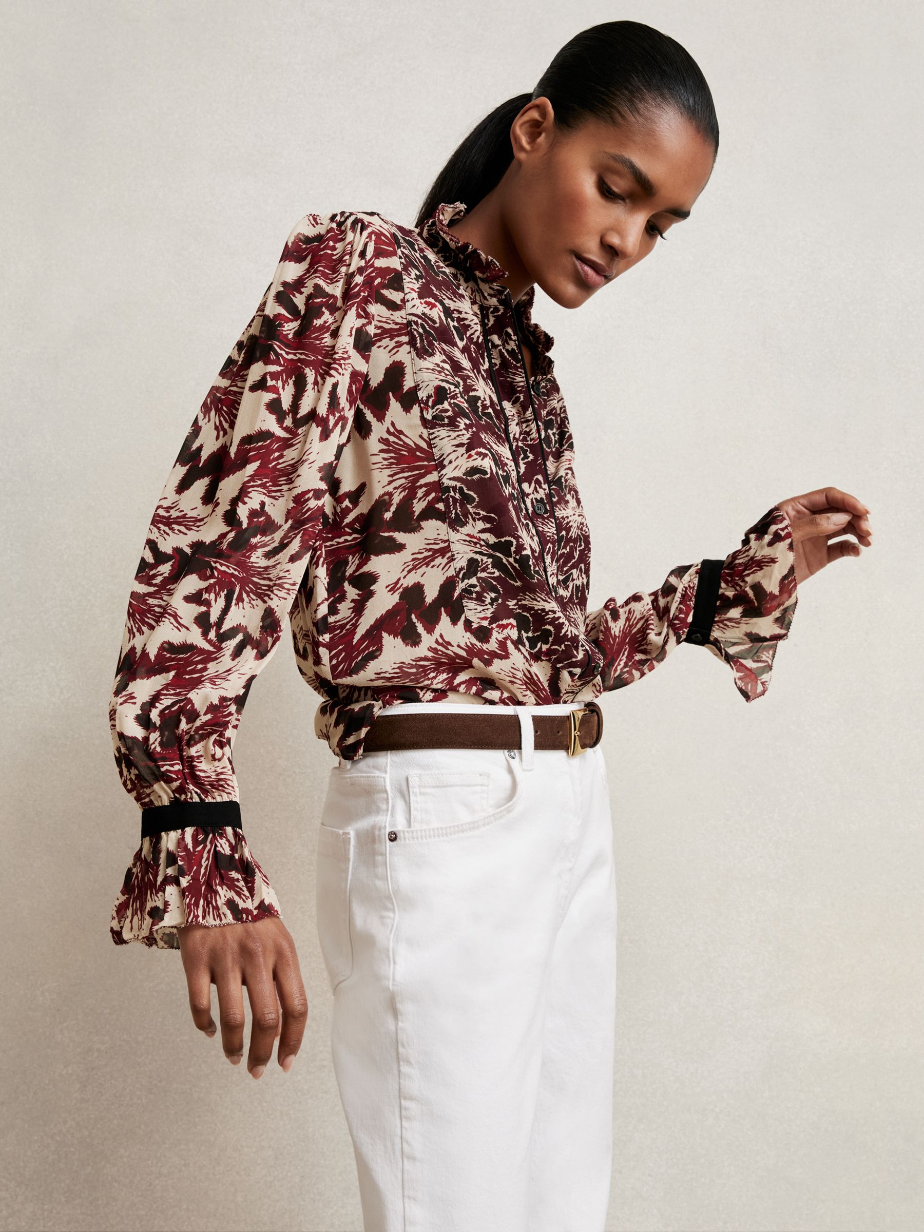 Abstract-Print Ruffle-Neck Shirt in Burgundy/Cream