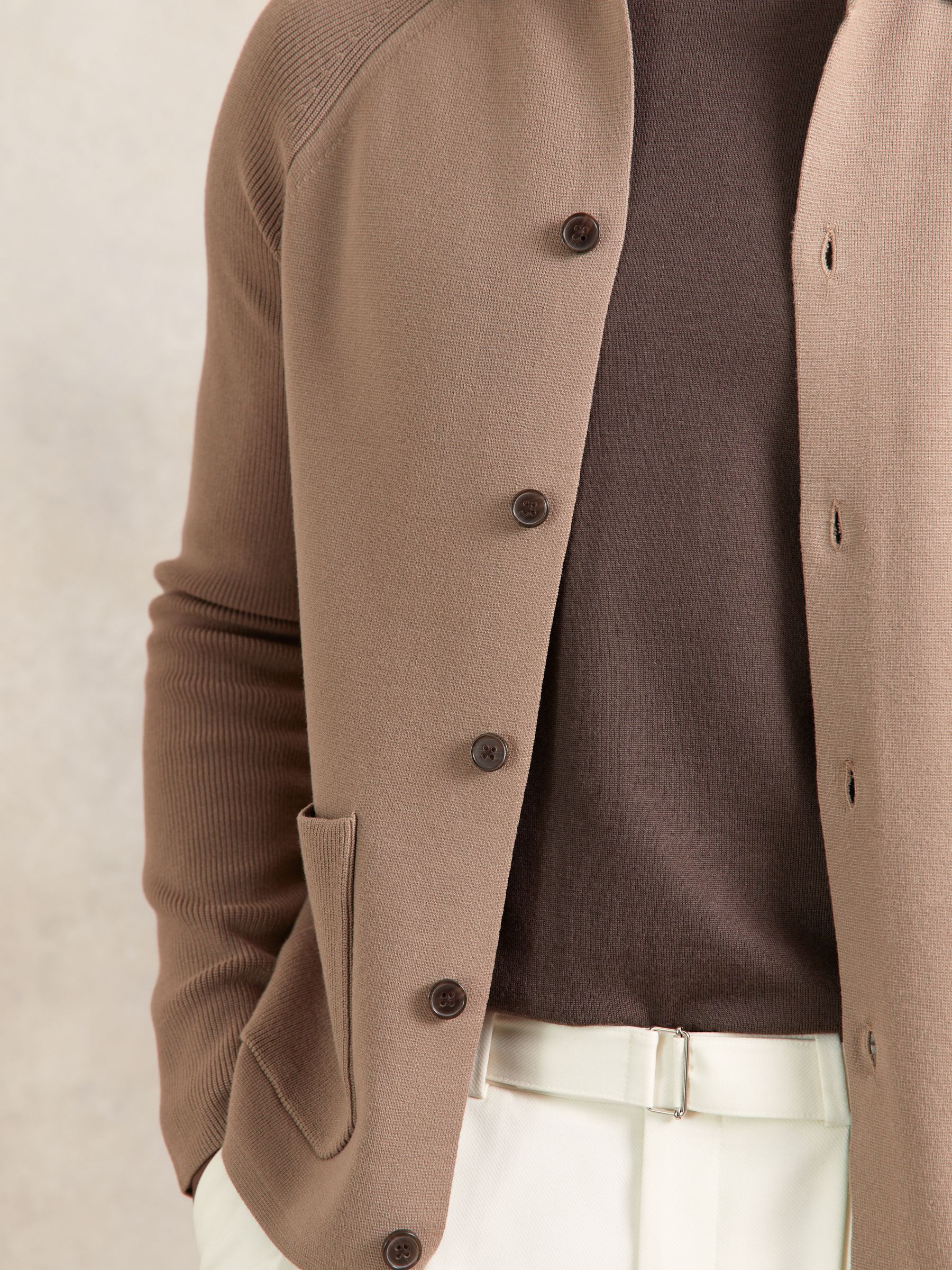 Button-Through Ribbed-Sleeve Cardigan in Camel Brown