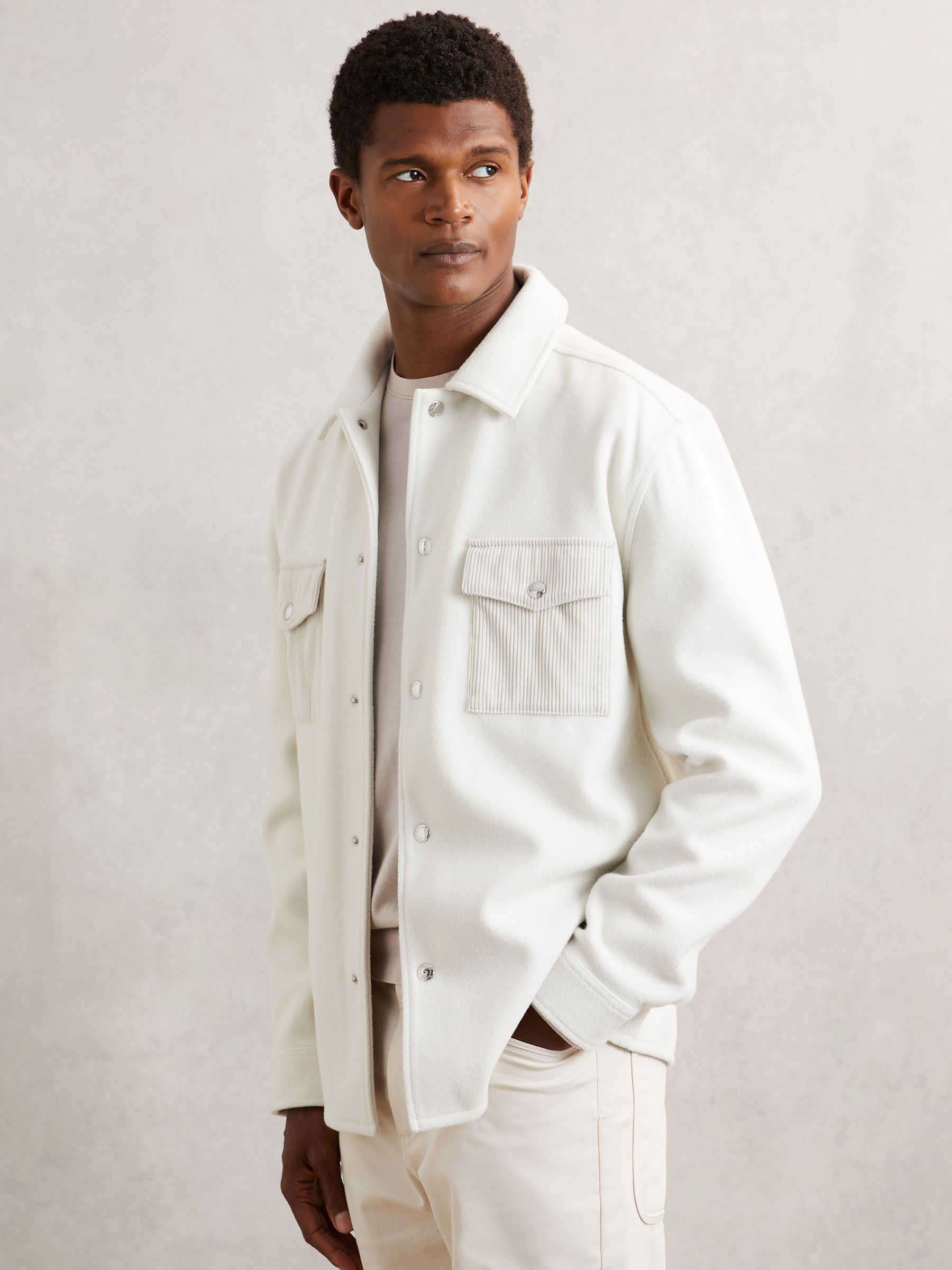 Corduroy-Pocket Press-Stud Overshirt in Off White