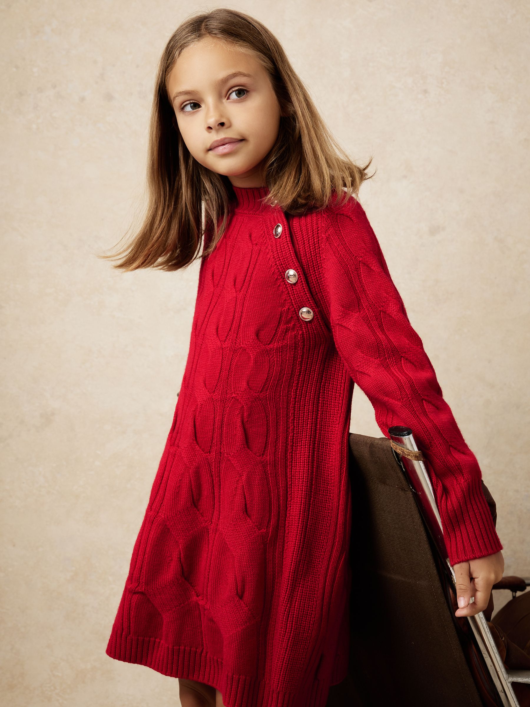 Wool Cable-Knit Dress in Red