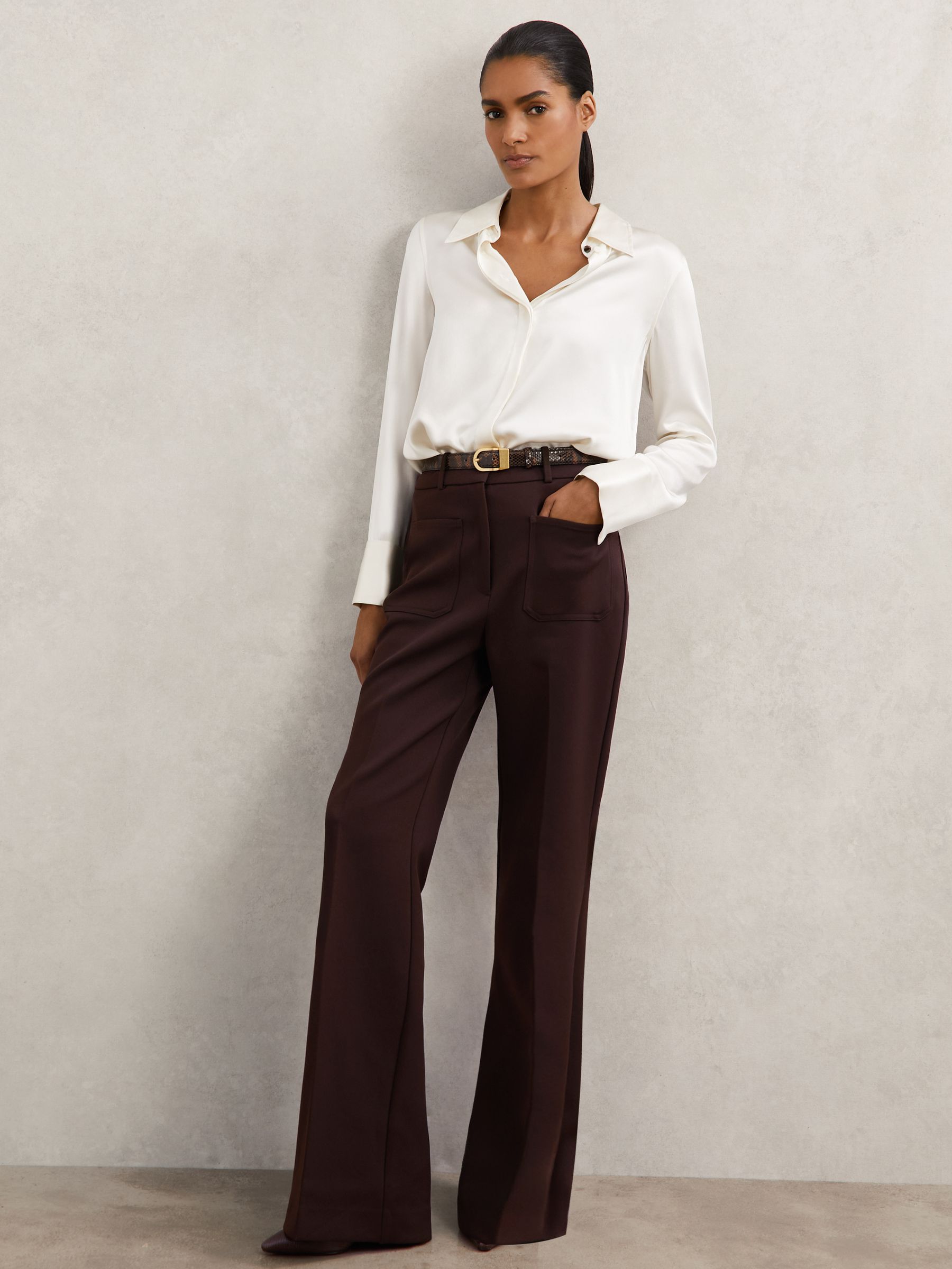 Twill Patch-Pocket Flared Trousers in Chocolate Brown