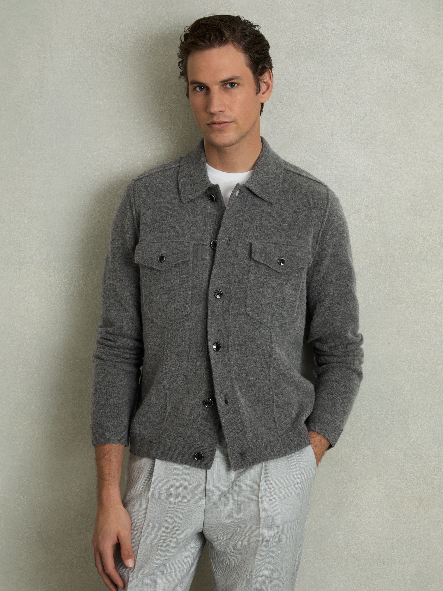 Wool Button Through Knitted Jacket in Charcoal