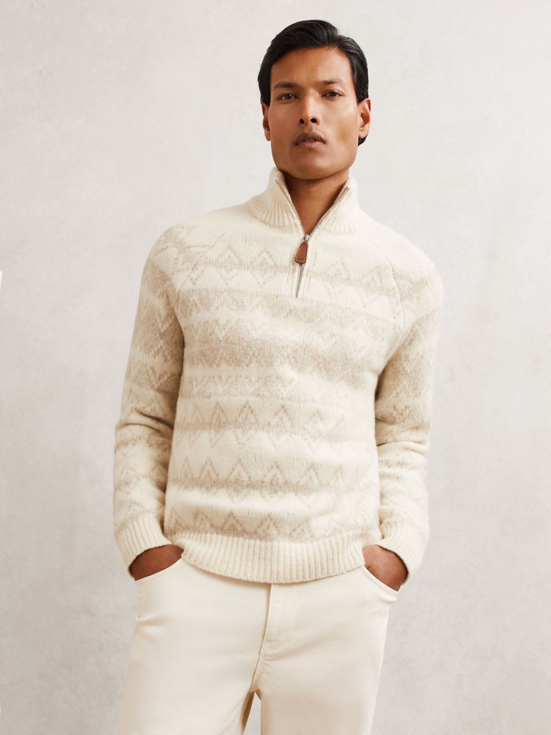 Wool-Blend Fair Isle Half-Zip Jumper in Winter White/Oatmeal
