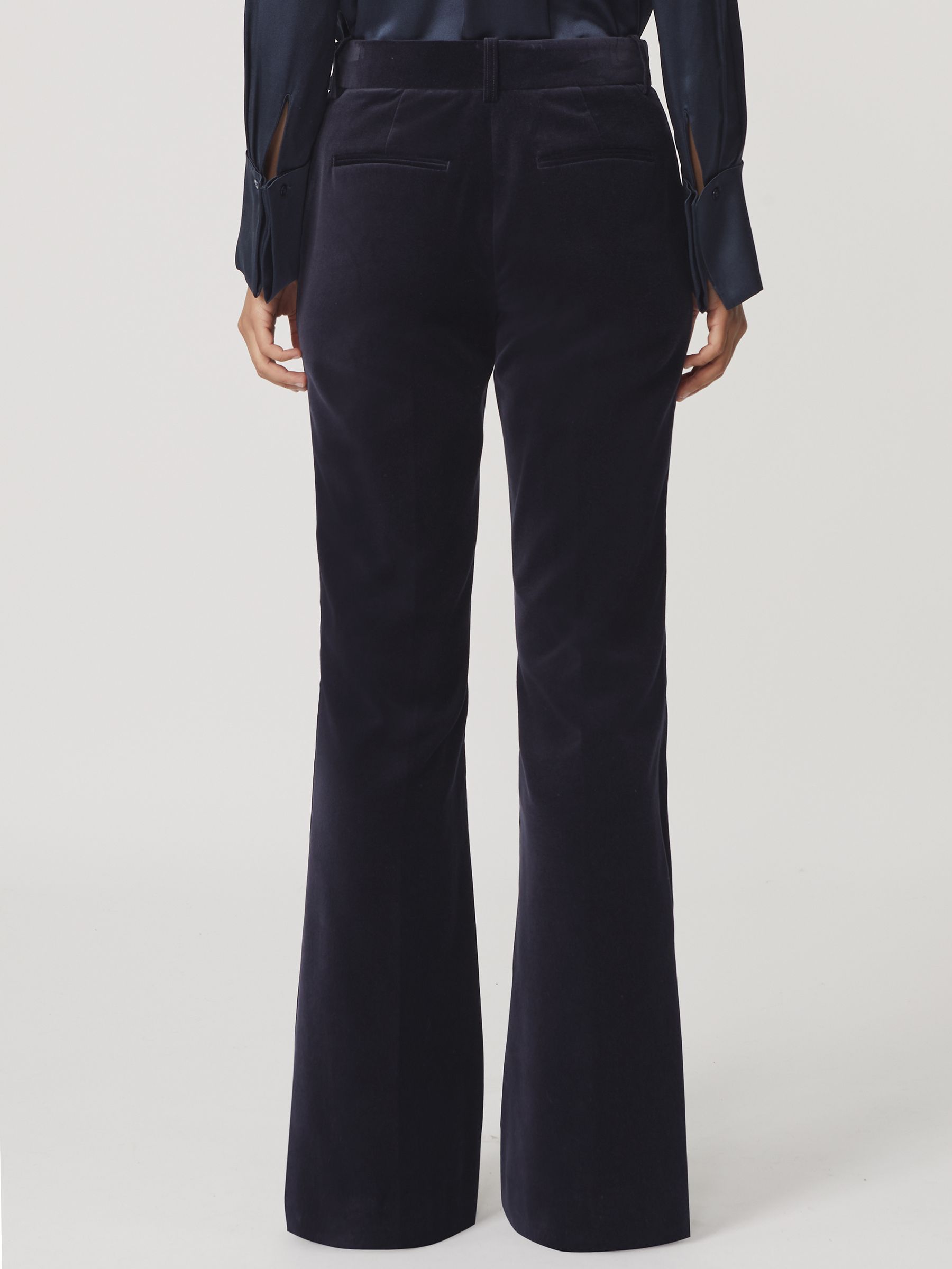 Petite Velvet Satin-Stripe Flared Trousers in Navy
