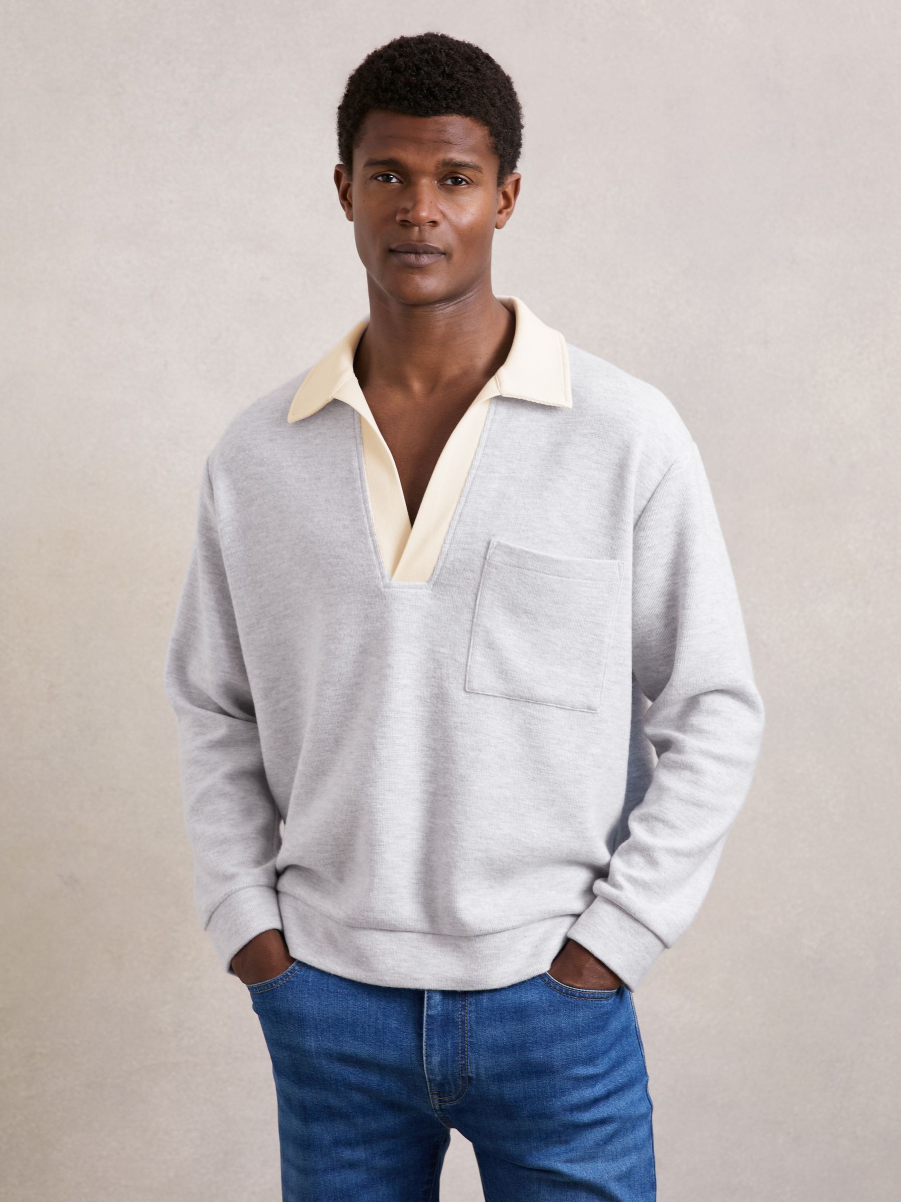Open-Collar Polo Shirt with Cotton in Grey Marl/White