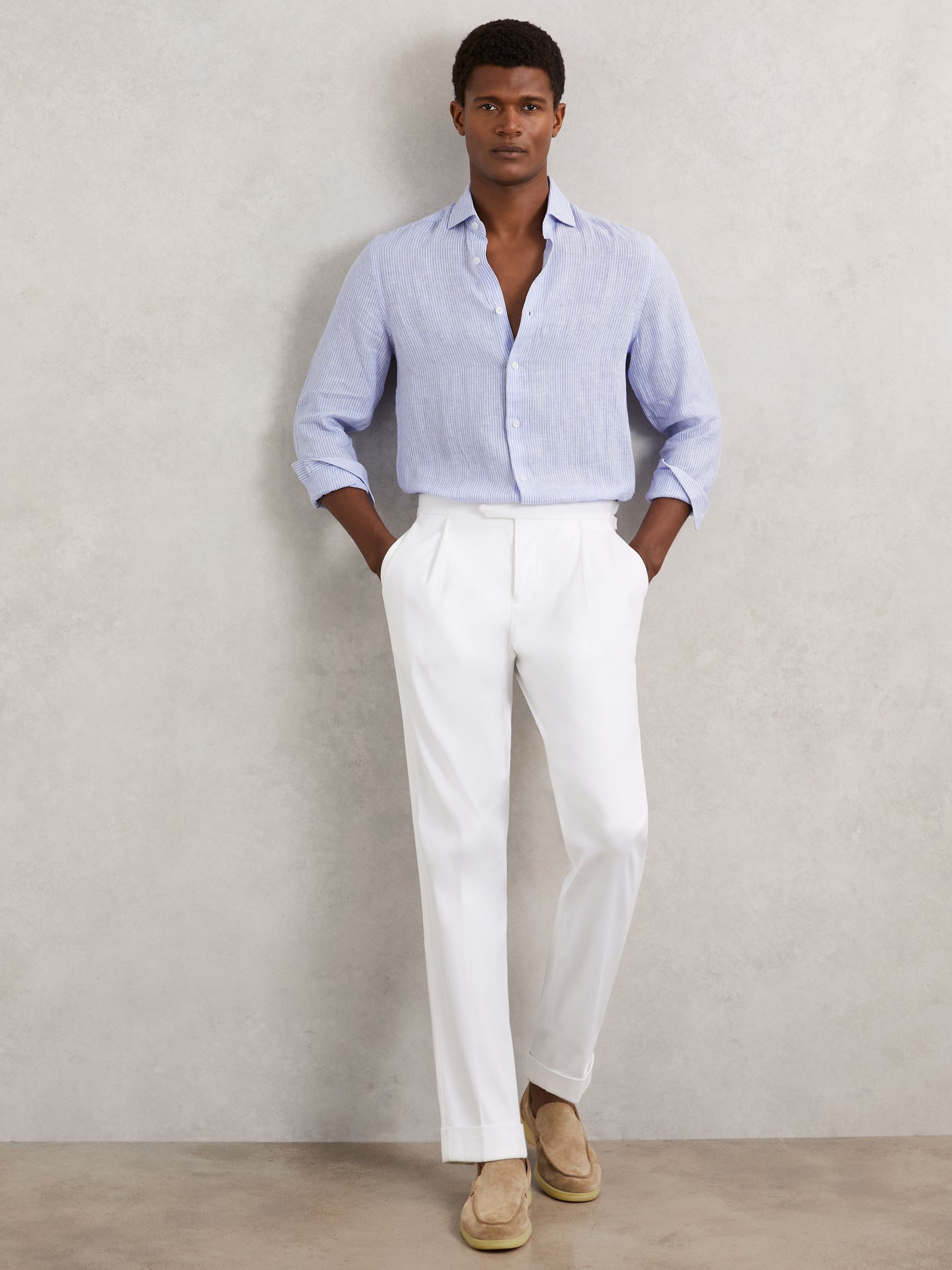 Linen Stripe Long-Sleeve Shirt in Soft Blue/White Fine Stripe