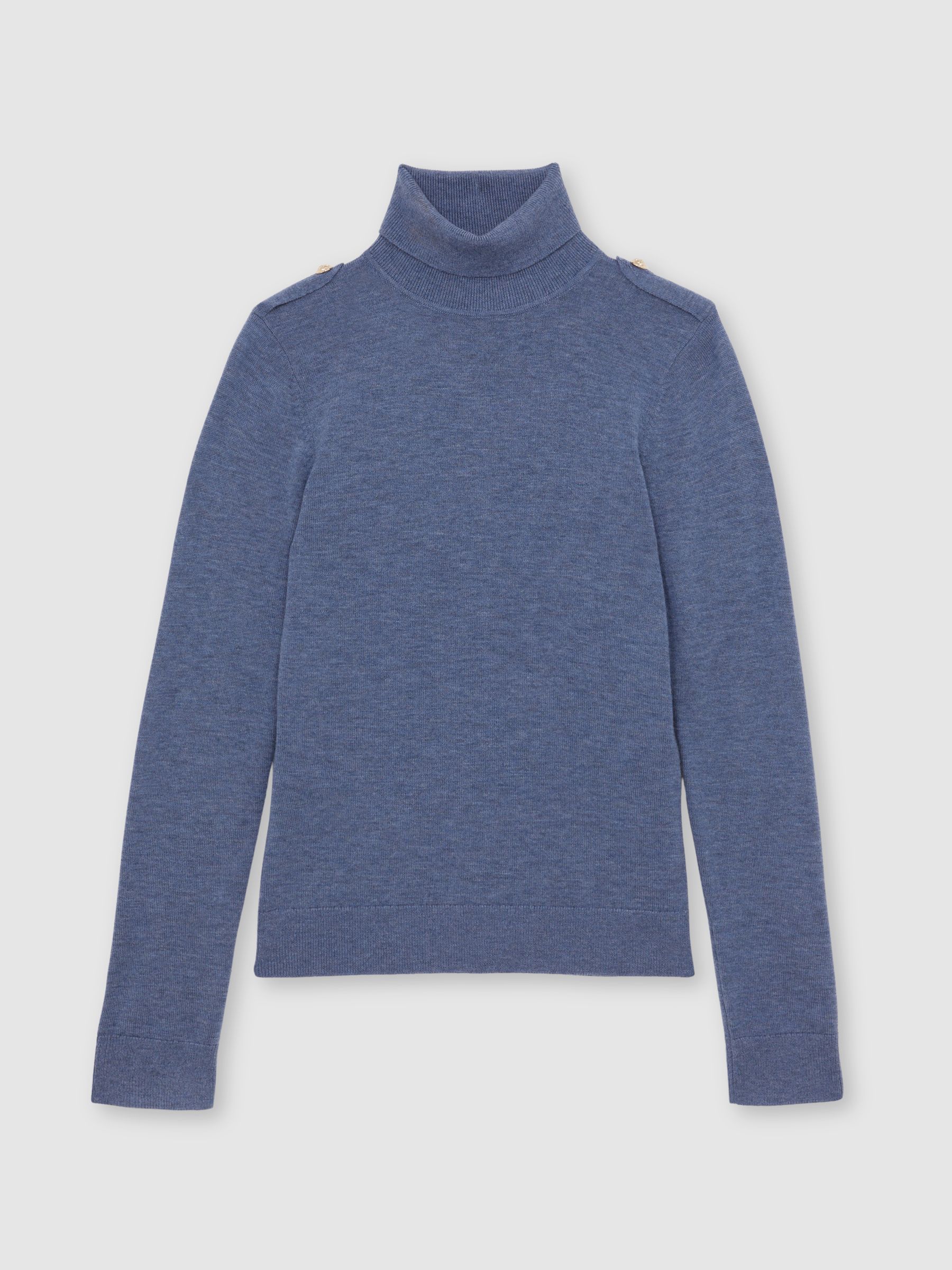 Wool Epaulette Roll-Neck Jumper in Blue