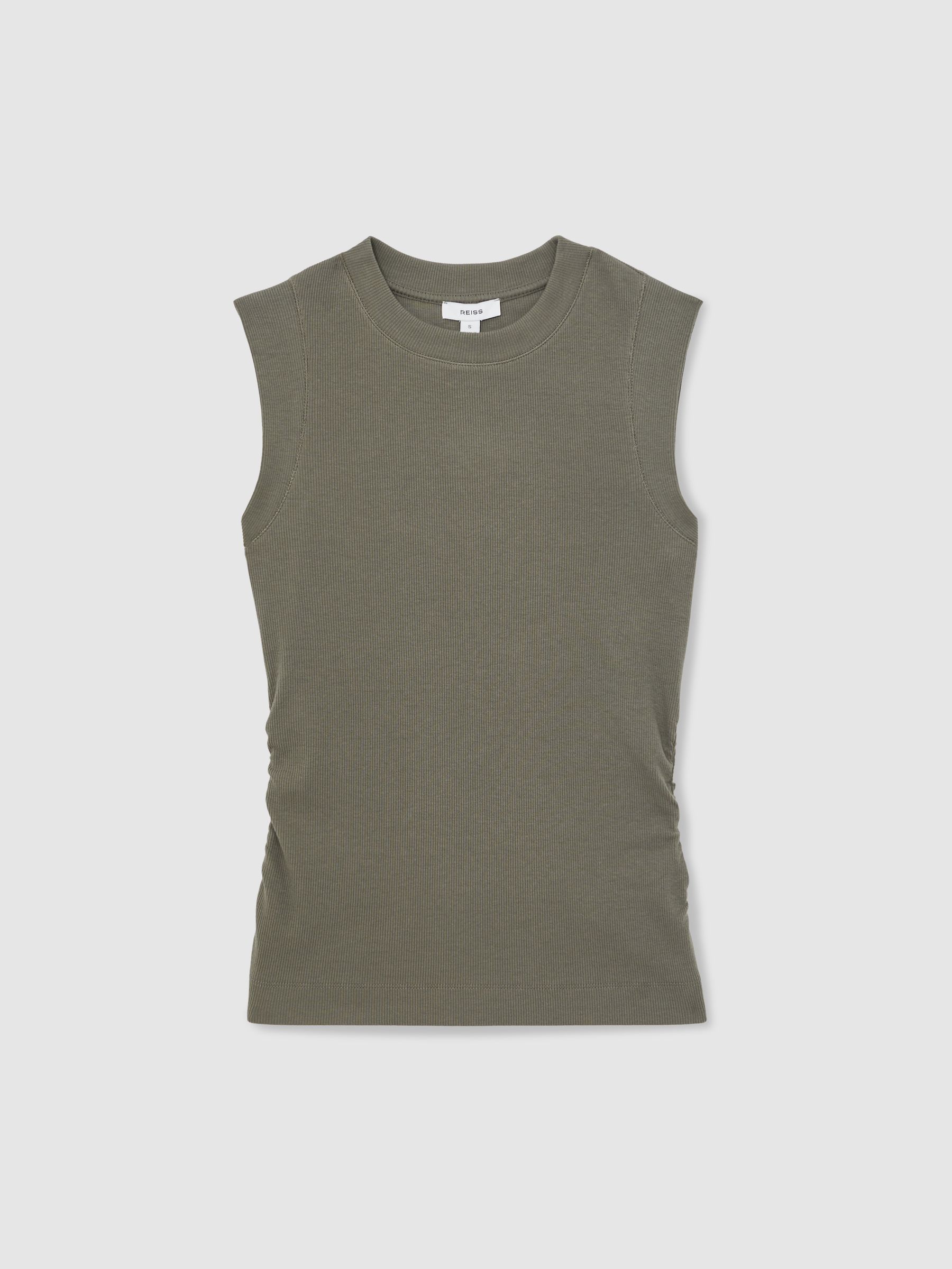 Fine-Rib Ruched Vest Top in Khaki Green