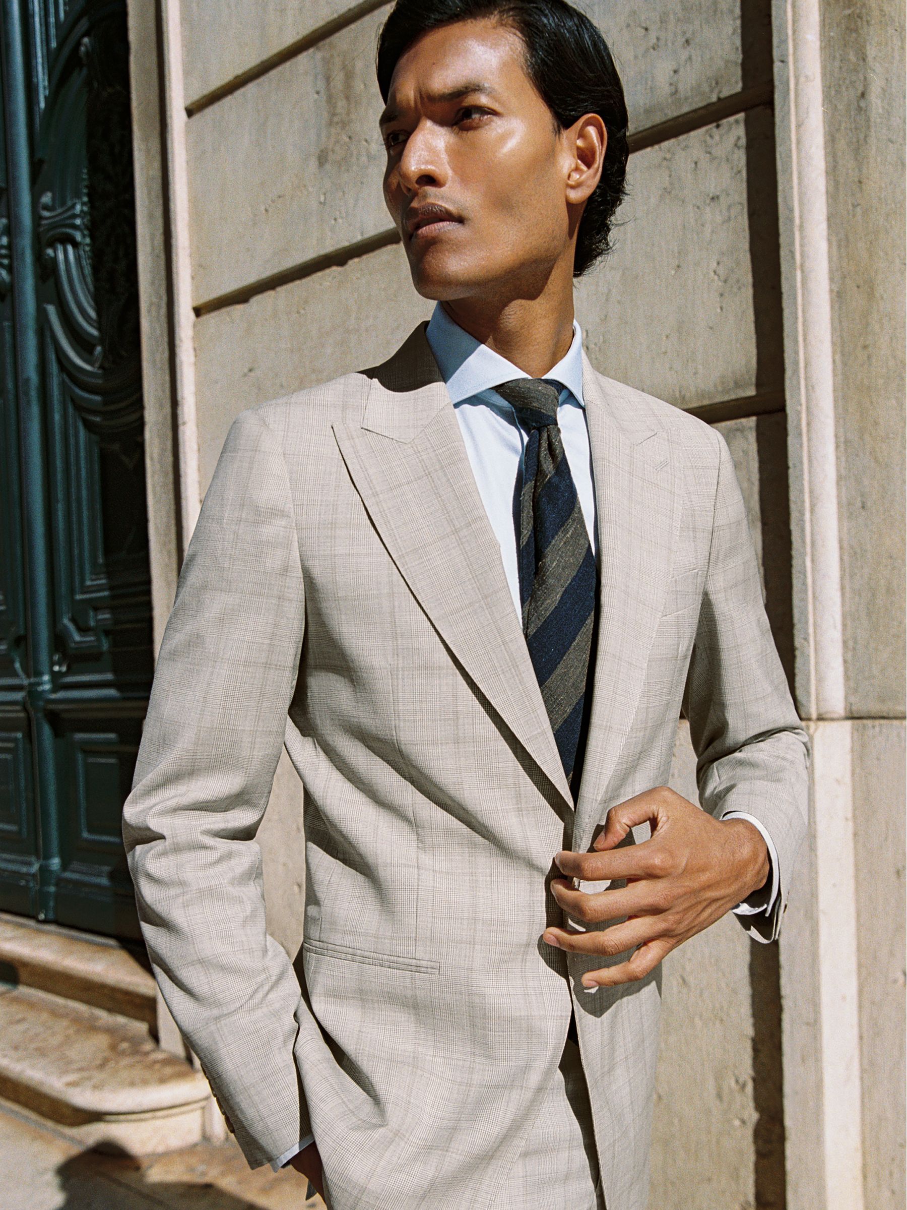 Slim-Fit Single-Breasted Wool Check Suit Blazer in Oatmeal Brown