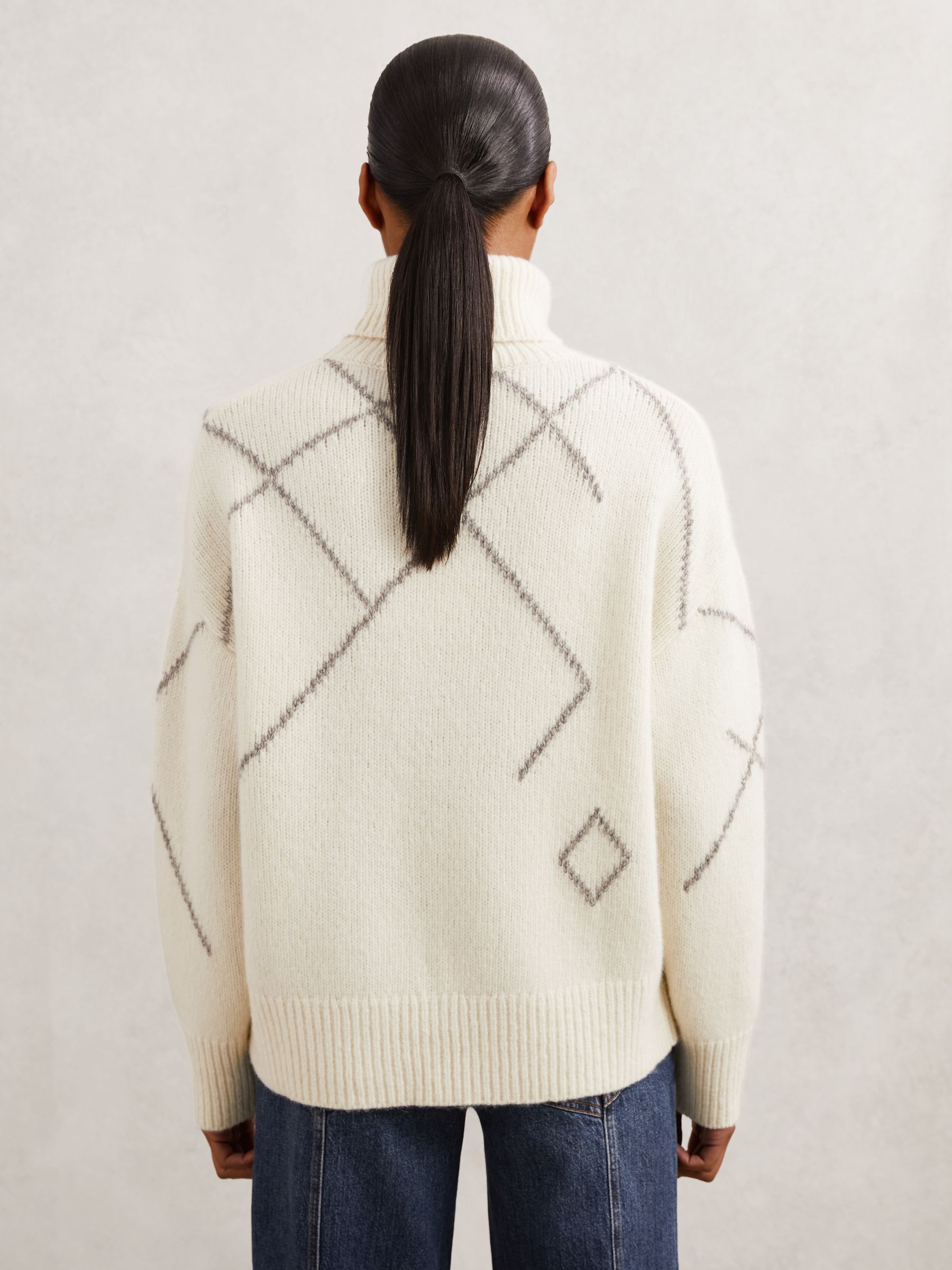 Wool-Blend Roll-Neck Argyle Jumper in Cream/Taupe Brown