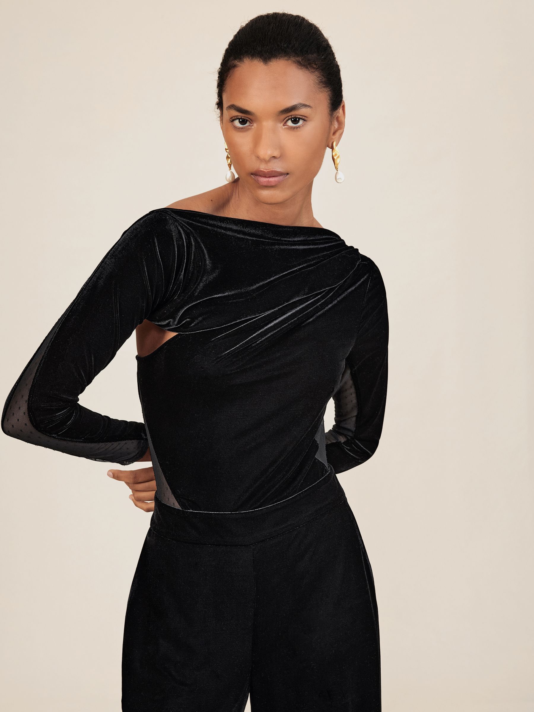 Velvet Sheer-Panel Wide-Leg Jumpsuit in Black