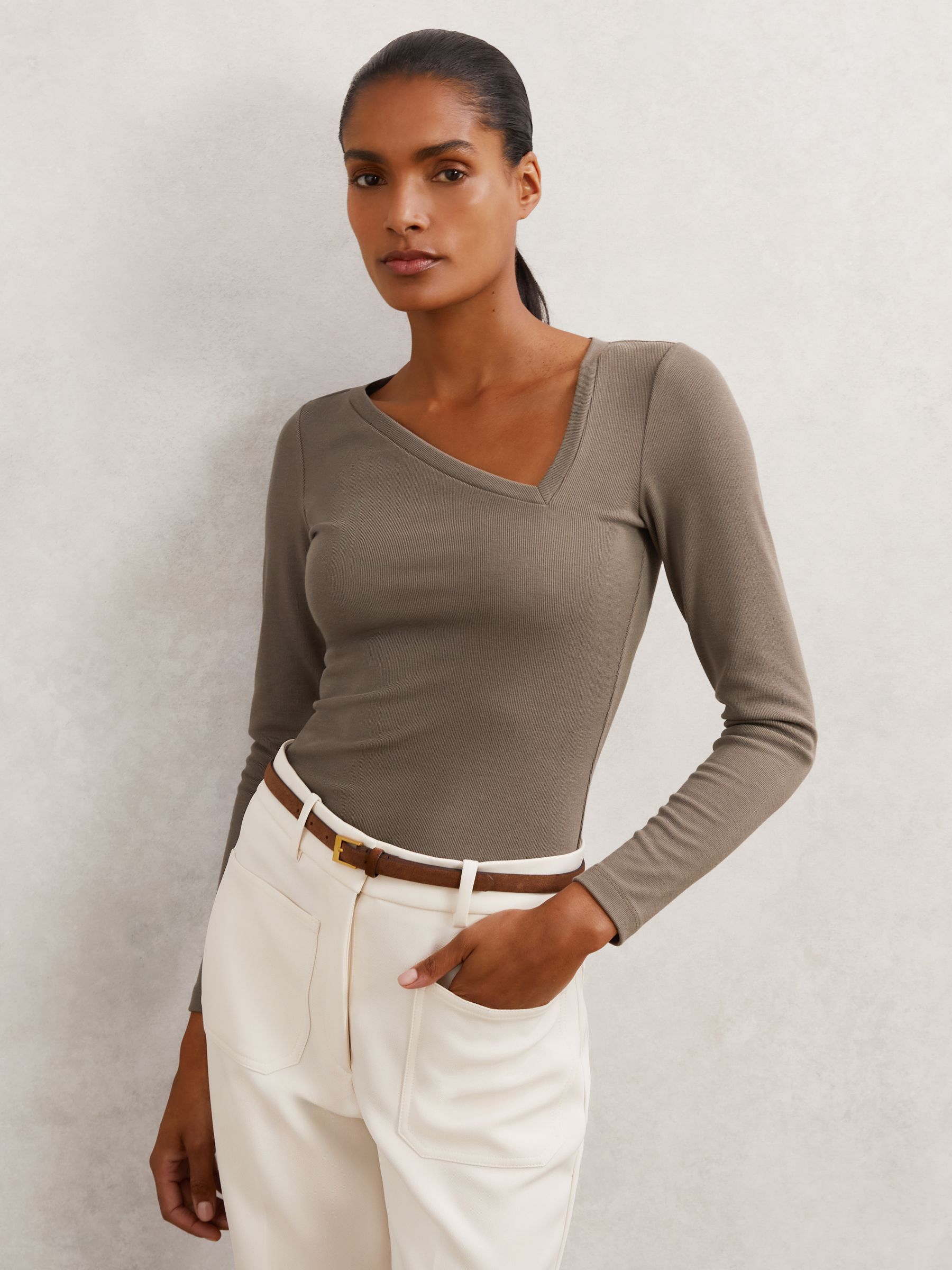 Stretch-Cotton Asymmetric-Neck Top in Taupe Neutral
