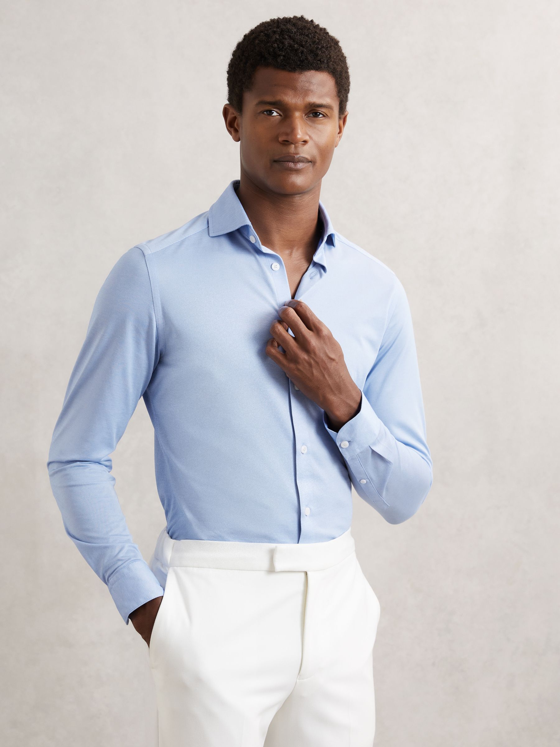 Cotton-Blend Jersey Cutaway-Collar Shirt in White