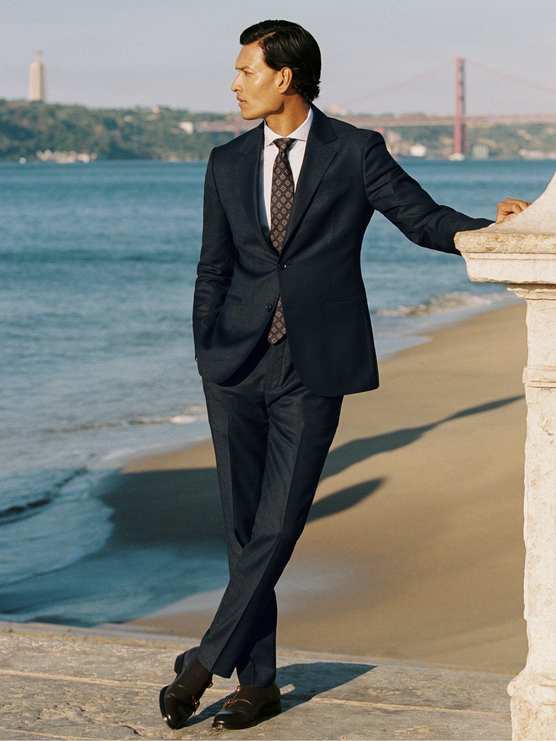 Wool Check Slim-Fit Suit Trousers in Navy