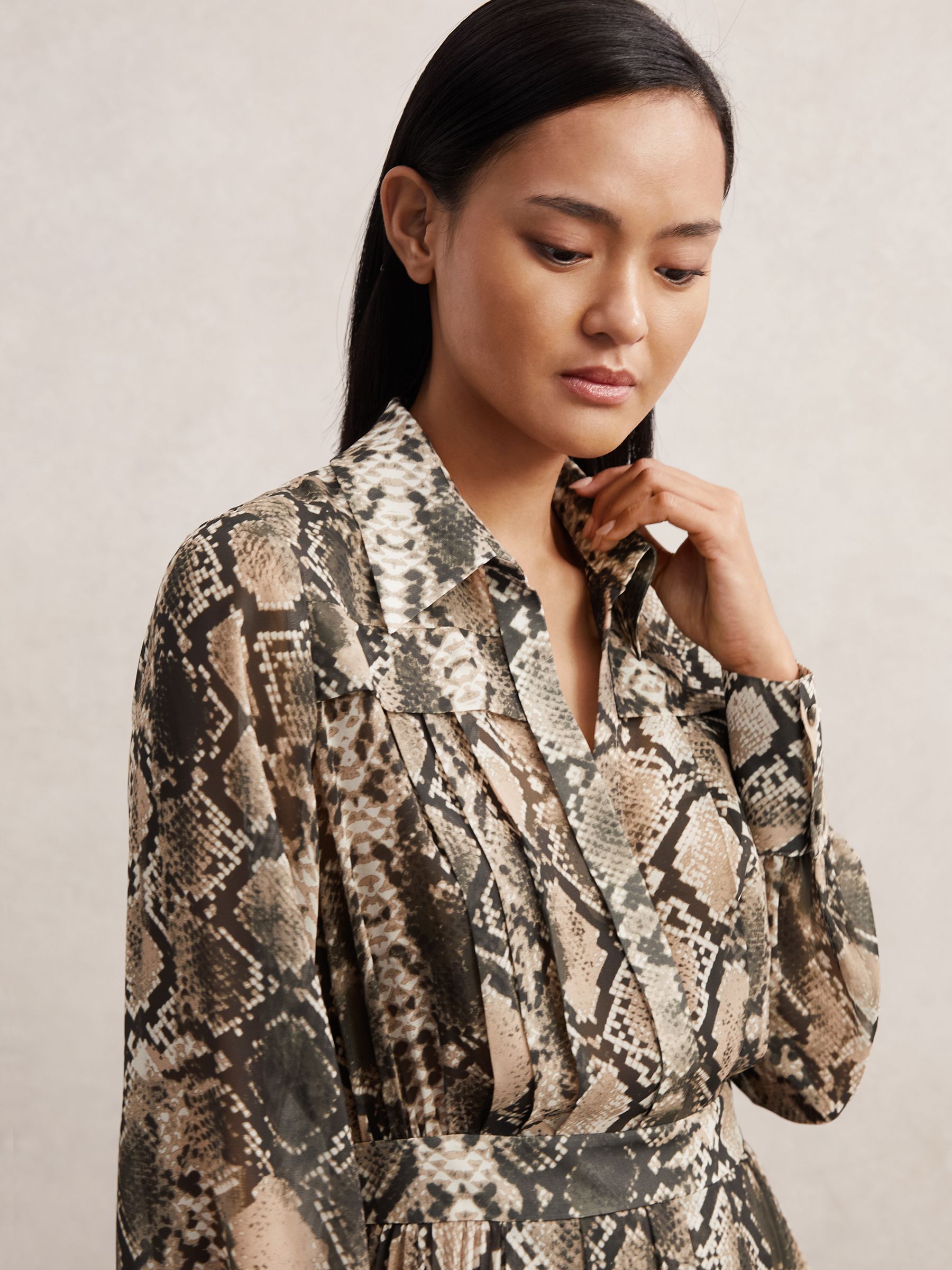 Snake-Print Pleated Midi Dress in Neutral