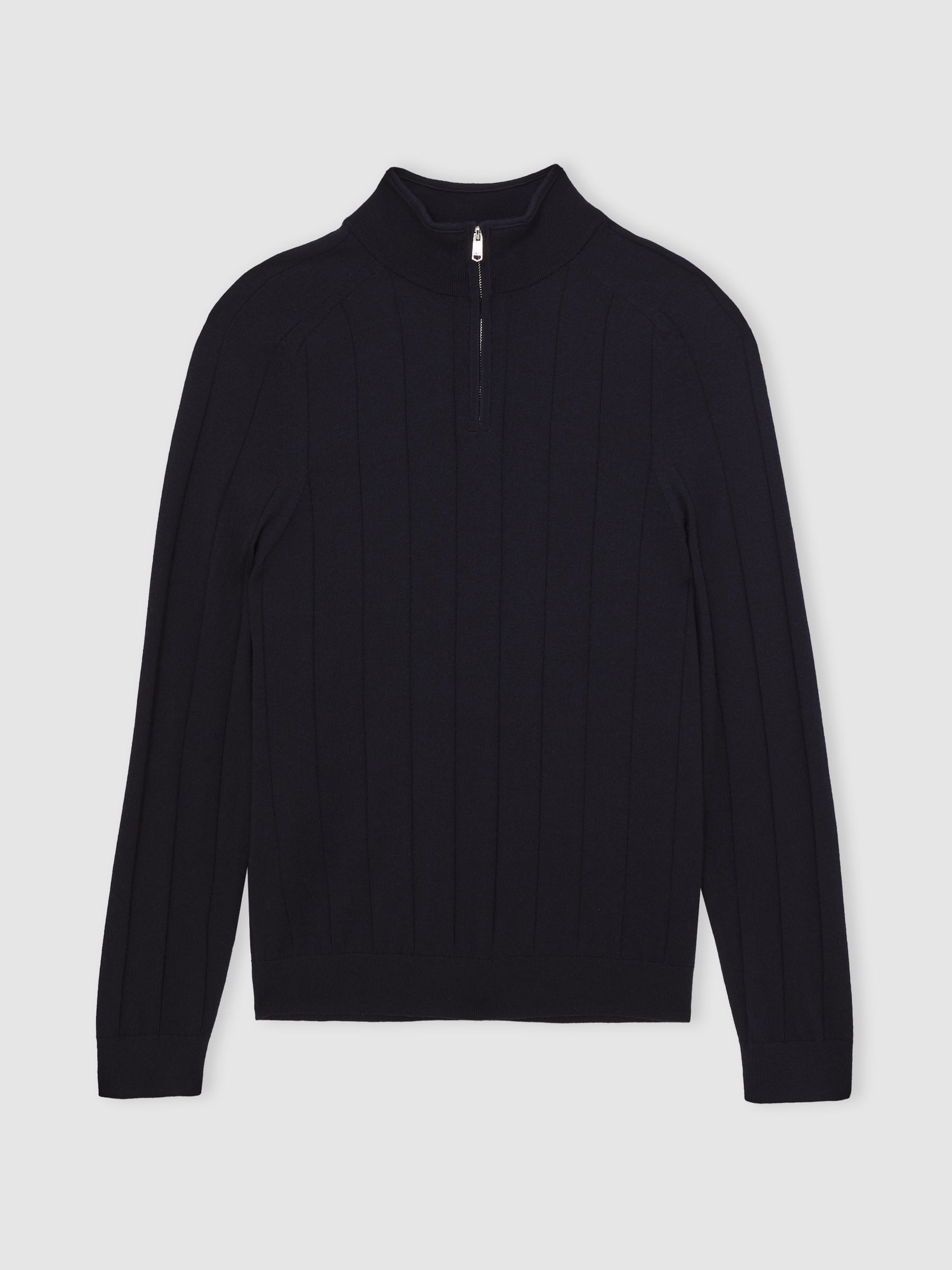 Merino Wool Wide-Rib Half-Zip Jumper in Navy