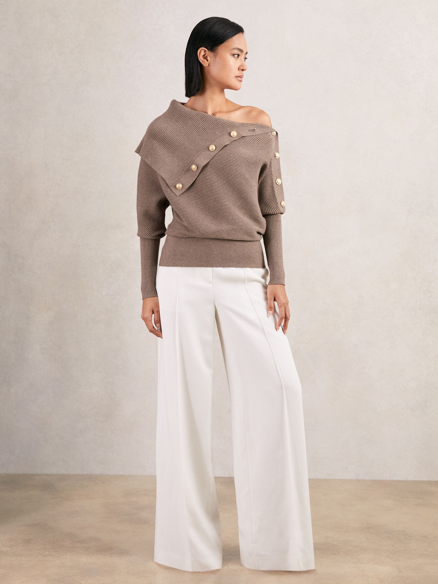 Rib-Knit Button Shawl Jumper in Taupe
