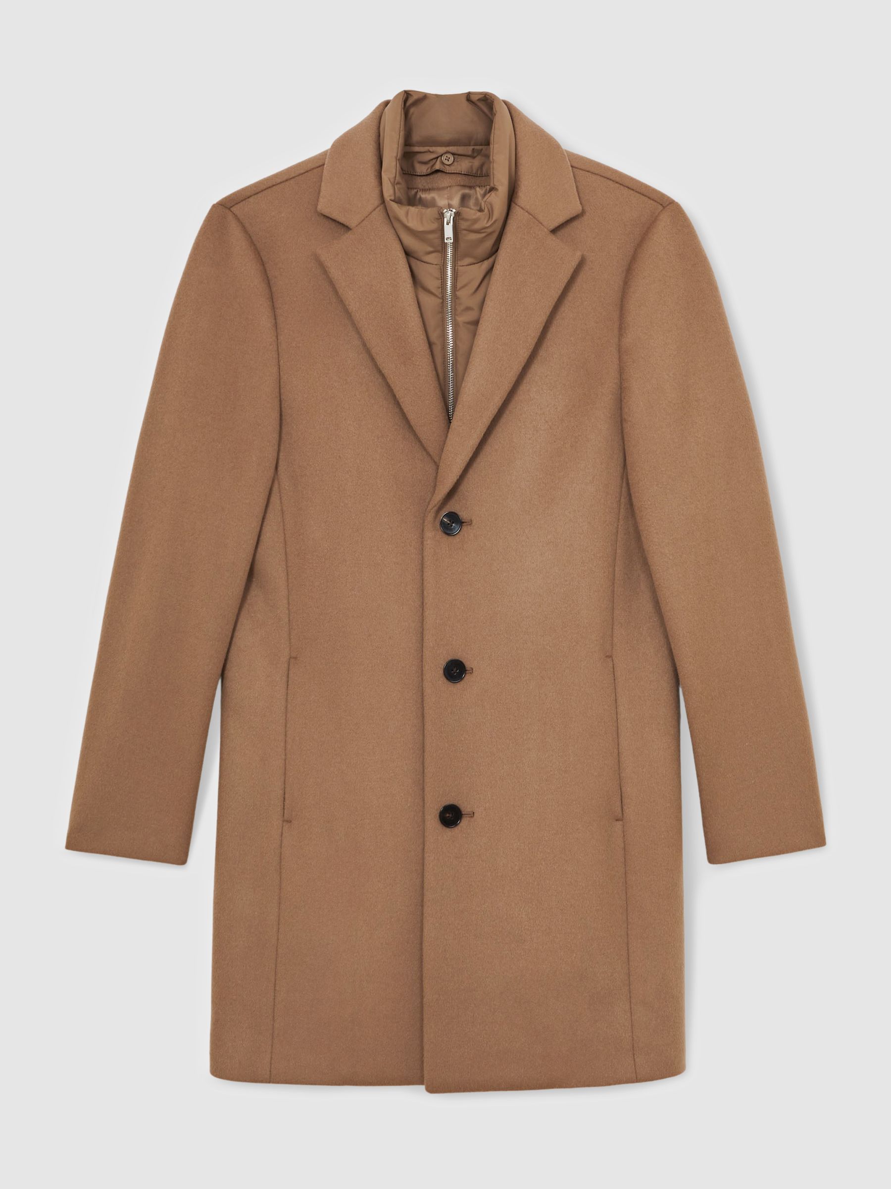 Wool-Blend Internal-Gilet Overcoat in Light Brown