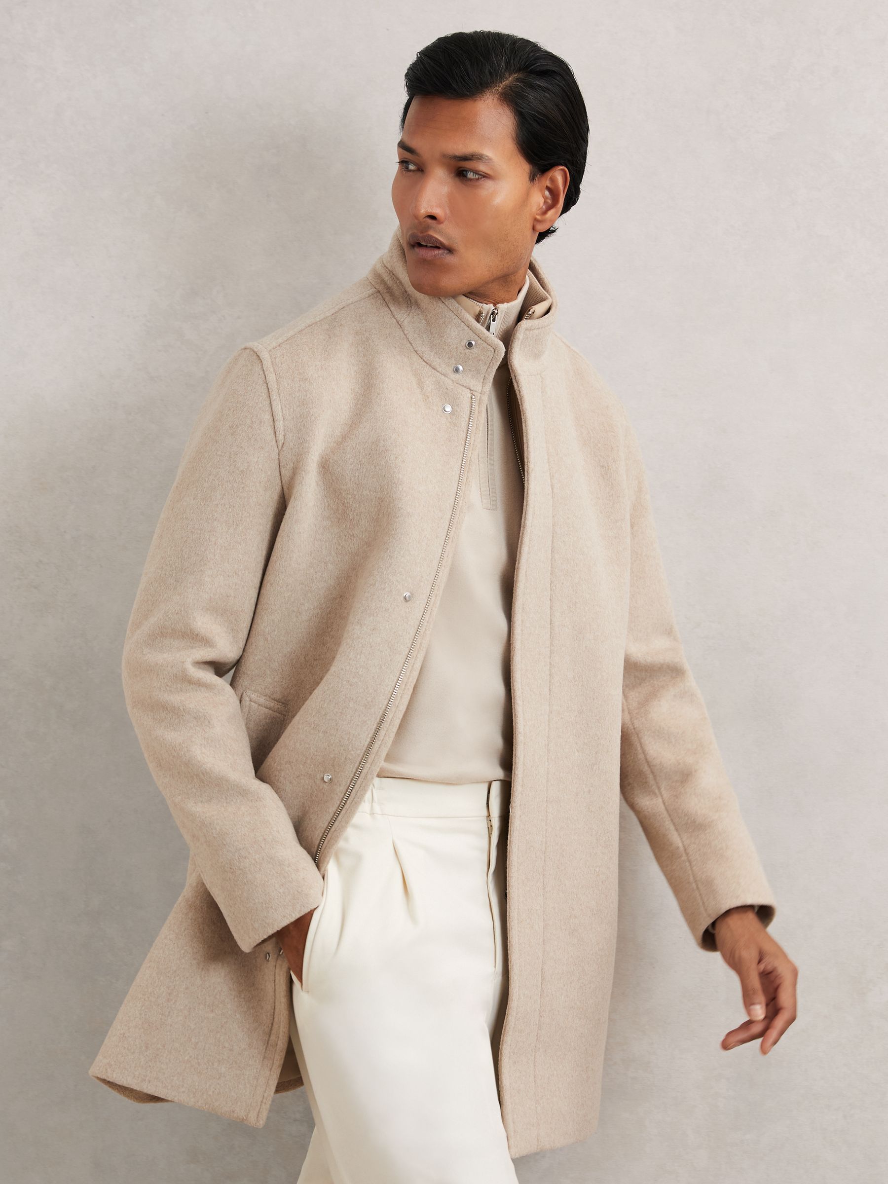 Wool-Blend Gilet-Insert Coat in Oatmeal Brown