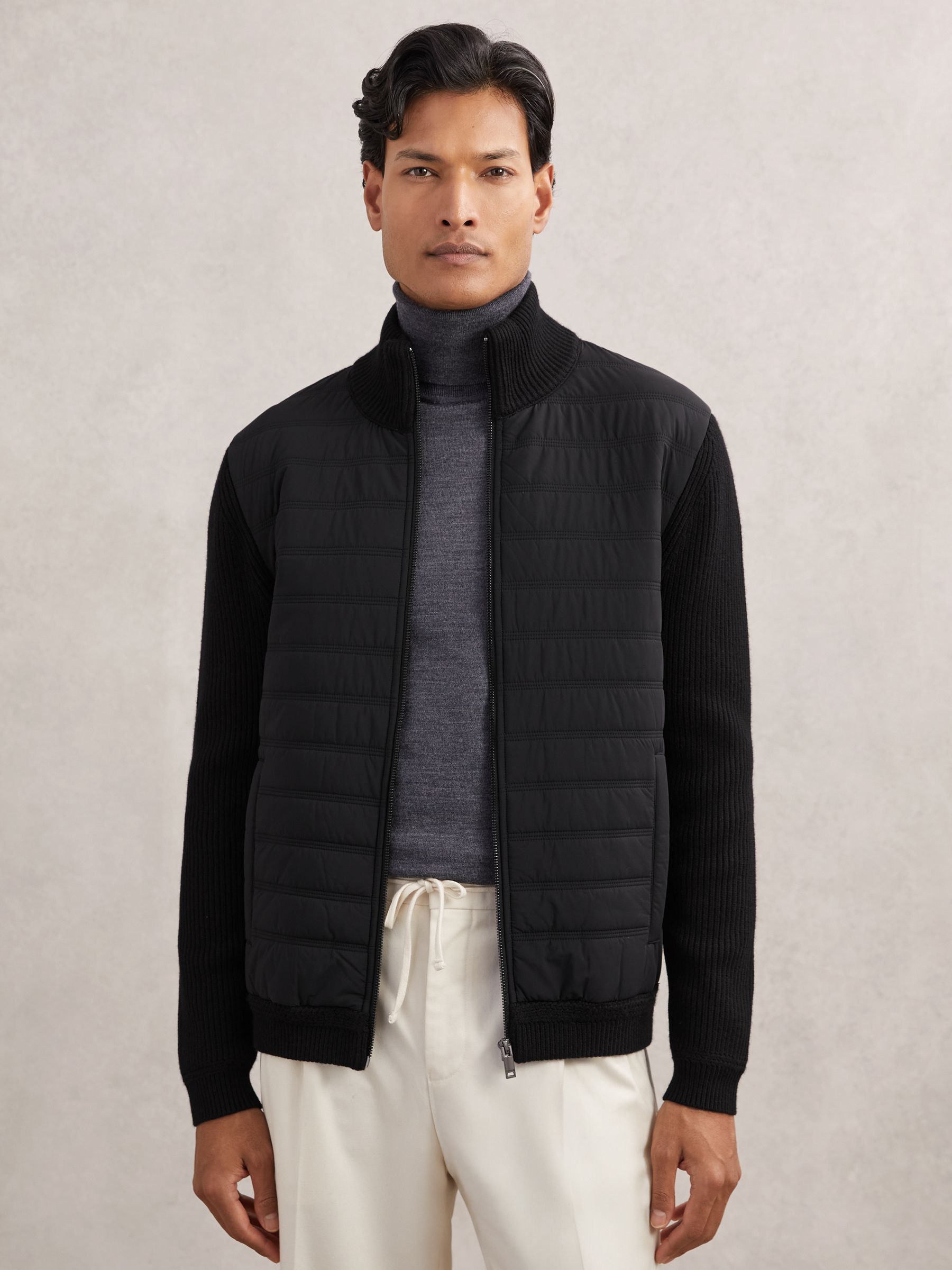 Quilted Rib-Knit Funnel-Neck Jacket in Black