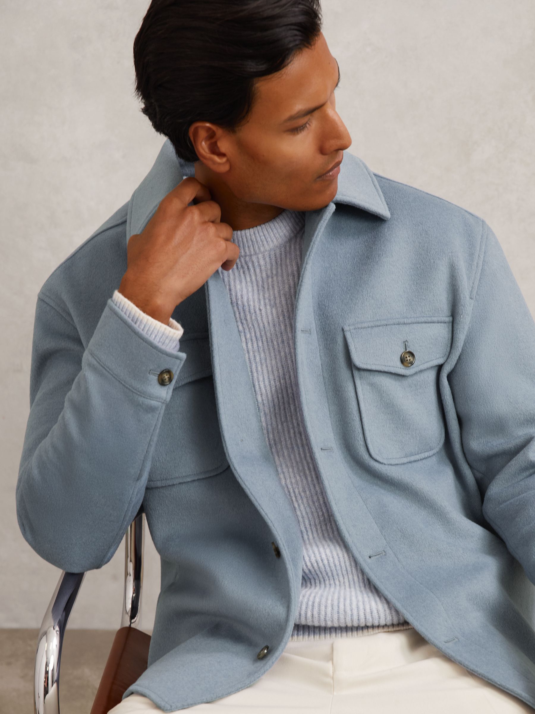 Wool-Blend Twin-Pocket Overshirt in Soft Blue