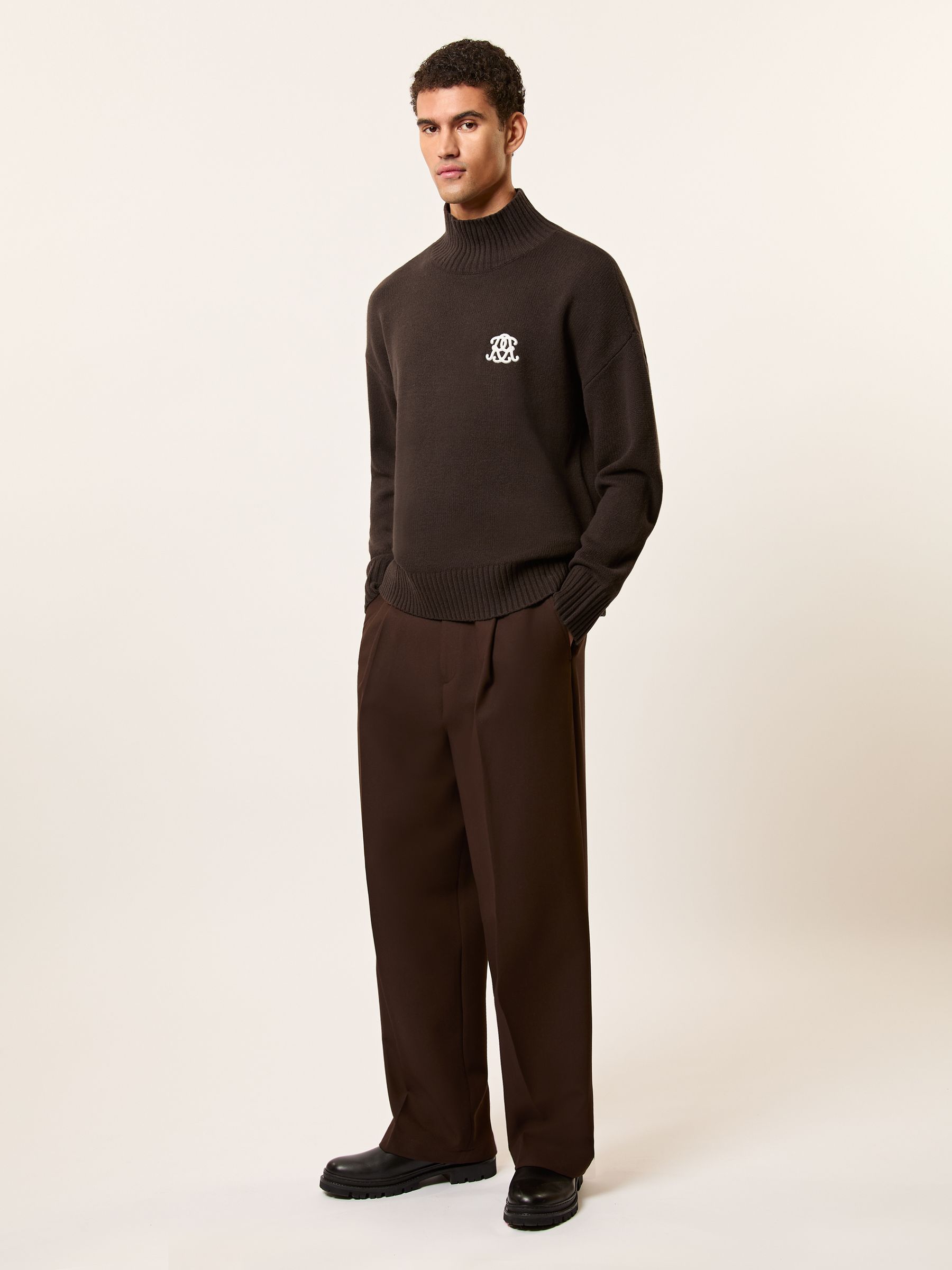 Monogram Wool Relaxed Jumper in Dark Brown
