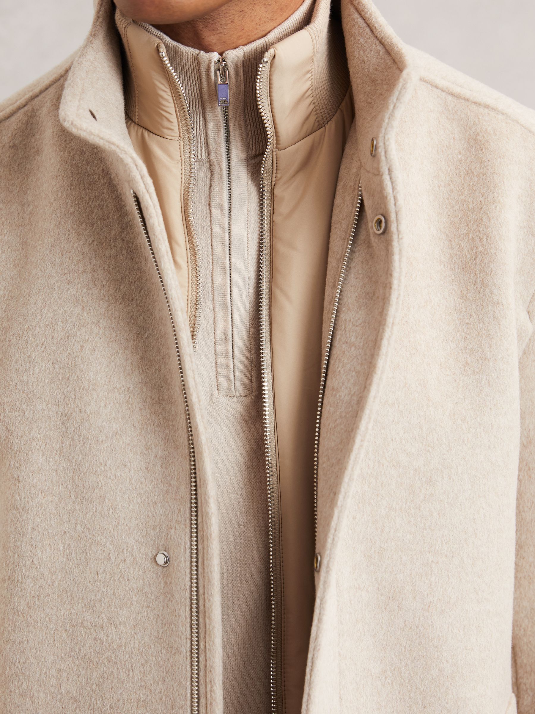 Wool-Blend Gilet-Insert Coat in Oatmeal Brown