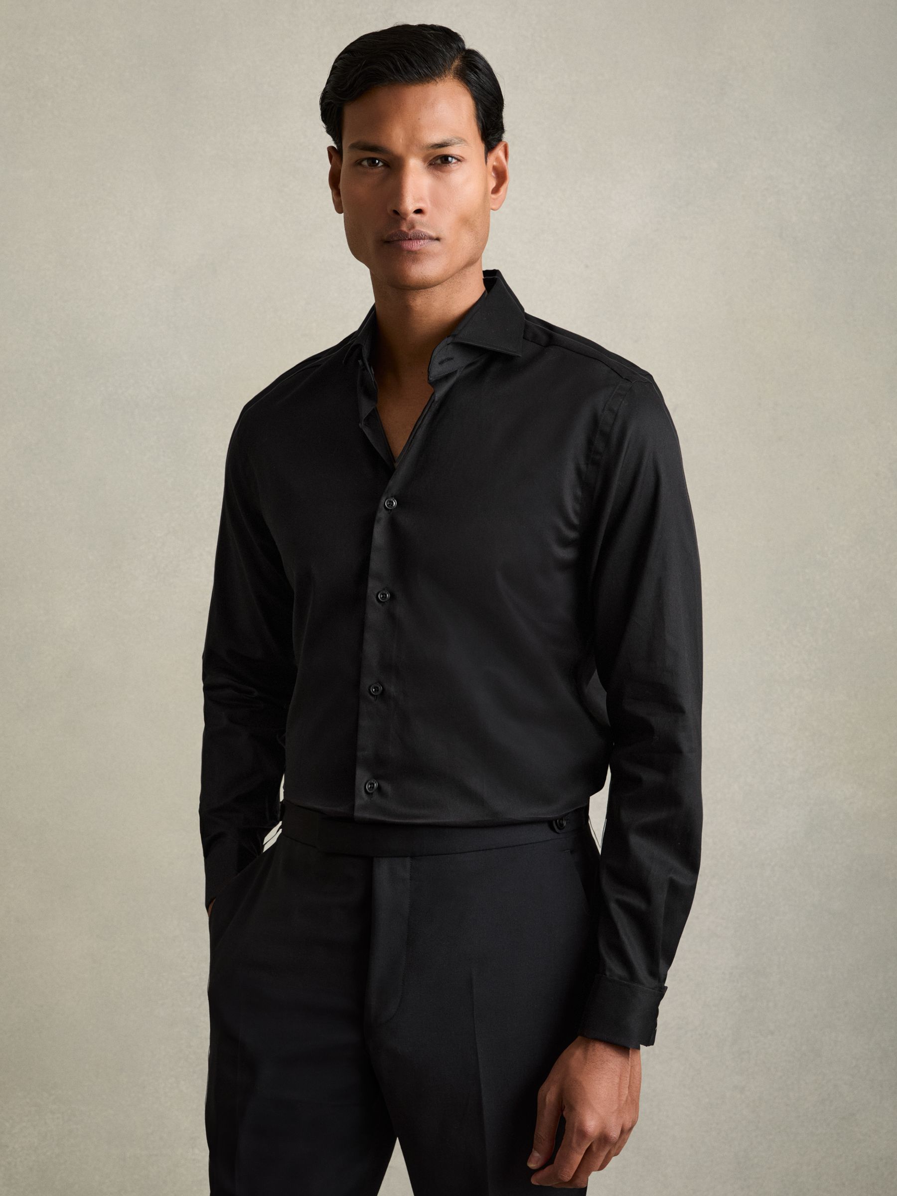 Regular Fit Cotton Double-Cuff Shirt in Black