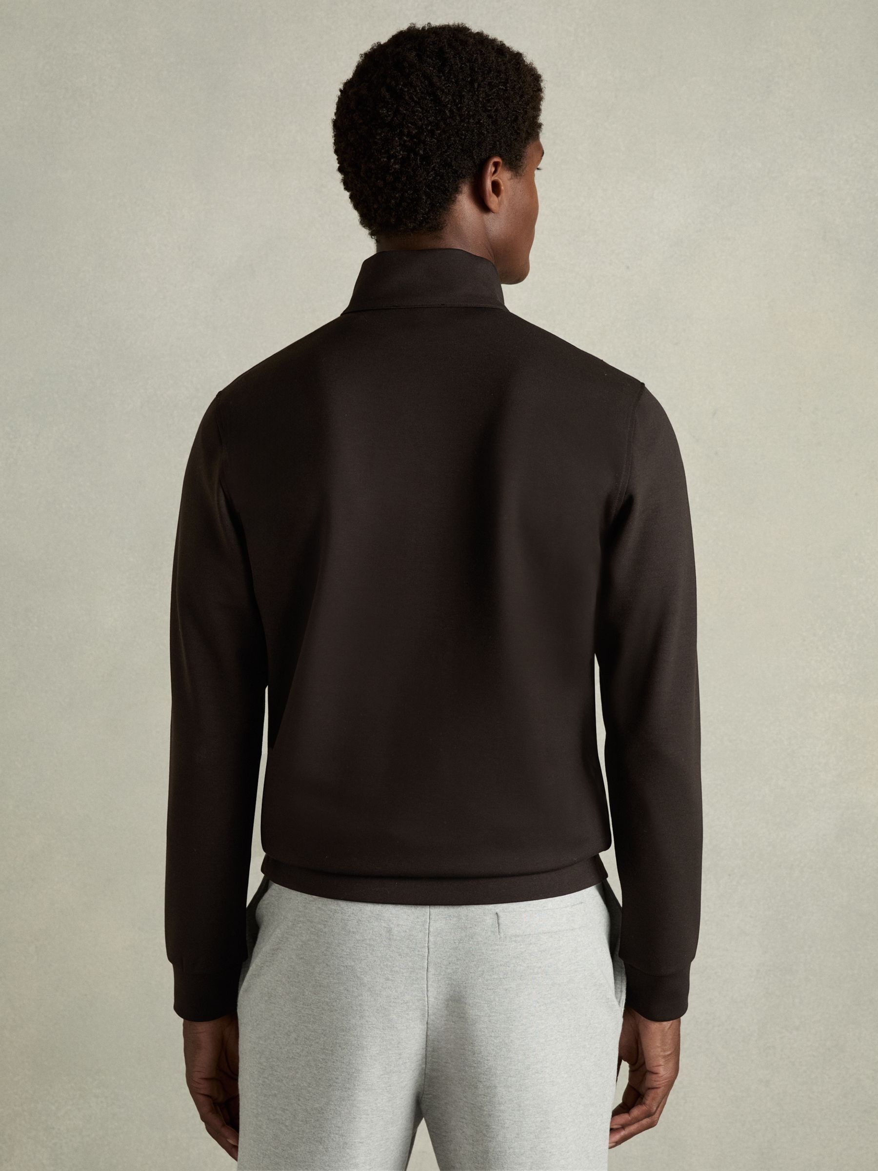Leather-Placket Interlock-Jersey Sweatshirt in Chocolate Brown