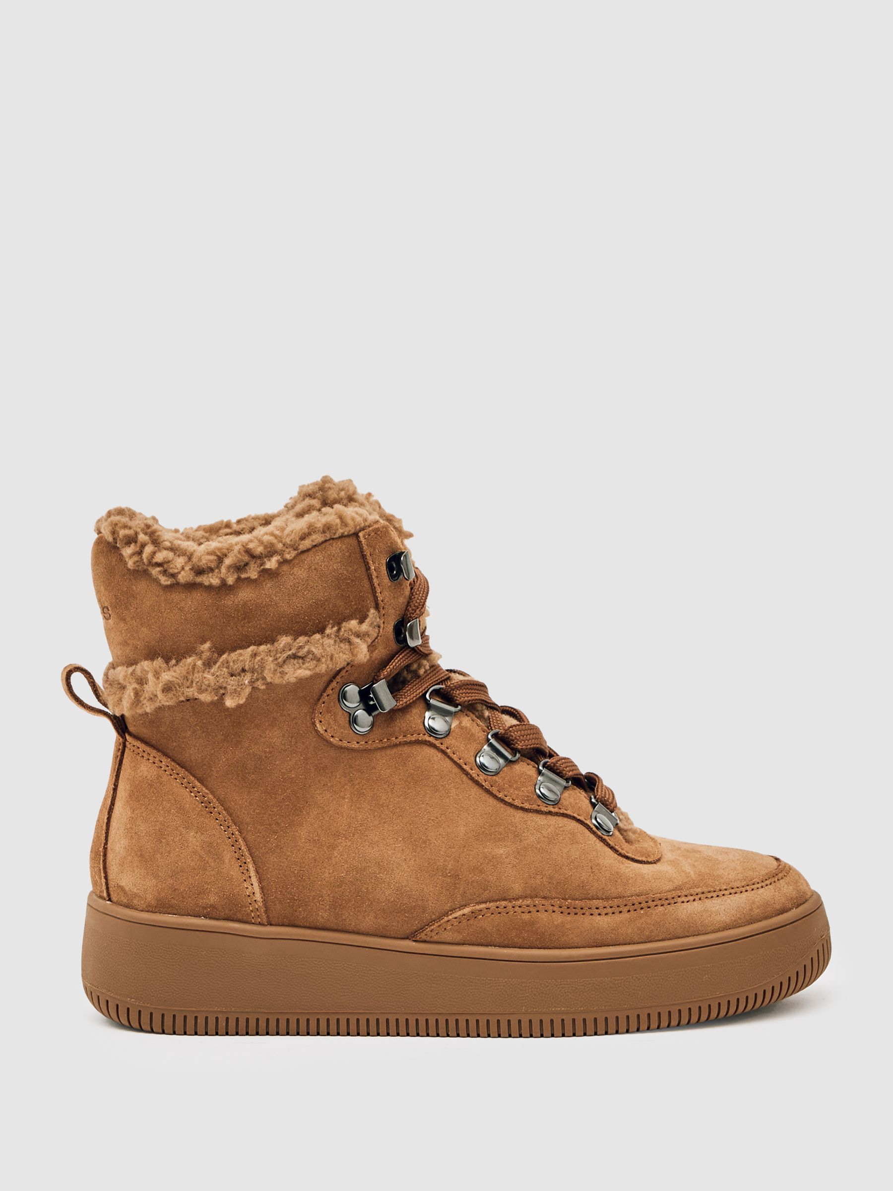Suede Faux-Shearling Trainer Boots in Tan